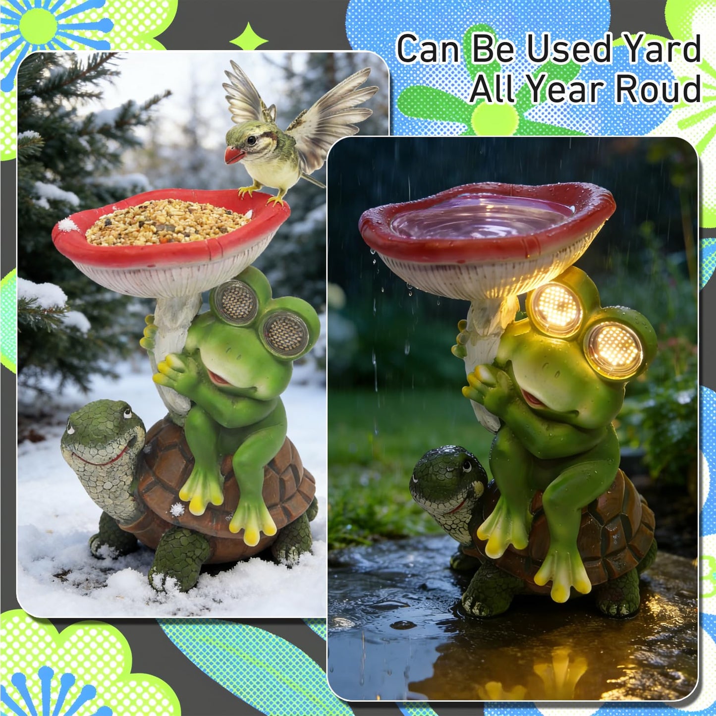 Funny Solar Garden Statues 10'' Frog Turtle with Mushroom Bird Feeder and Eyes LED Lights - Lawn Decor Outdoor Statues for Patio Balcony Yard Ornament - Unique Gardening Gifts for Women Grandma Mom.