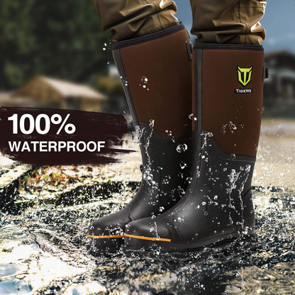 TIDEWE Rubber Work Boot for Men with Steel Toe & Shank, Waterproof Anti Slip Hunting Boot, 6mm Neoprene Hunting Boot for Manufacturing, Construction, Farming, Brown, Size 7