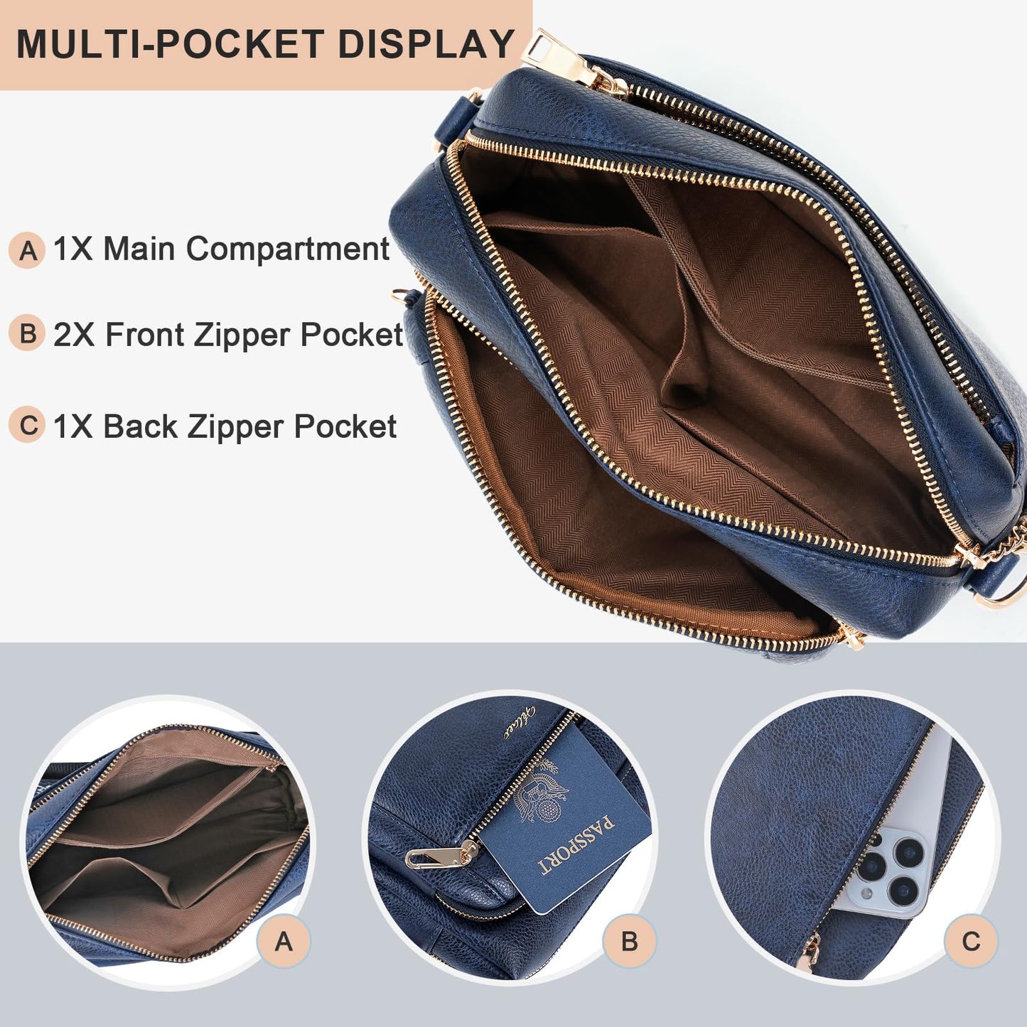 HILAEX Small Leather Crossbody Bags for Women Anti theft Purses and Handbag Shoulder Hangbag with Wide Strap Tassel Navy Blue