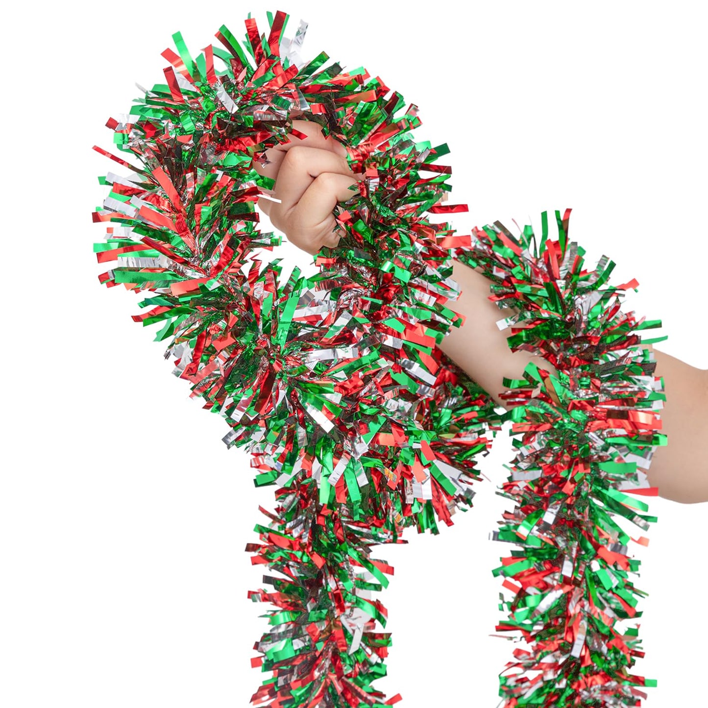 50.8 FT Christmas Tinsel Garland, Red Green Silver Metallic Twist Foil Tinsel Garland Glitter Xmas Hanging Decoration for Christmas Tree Wedding Birthday Home Party Decoration (Red Green Silver)