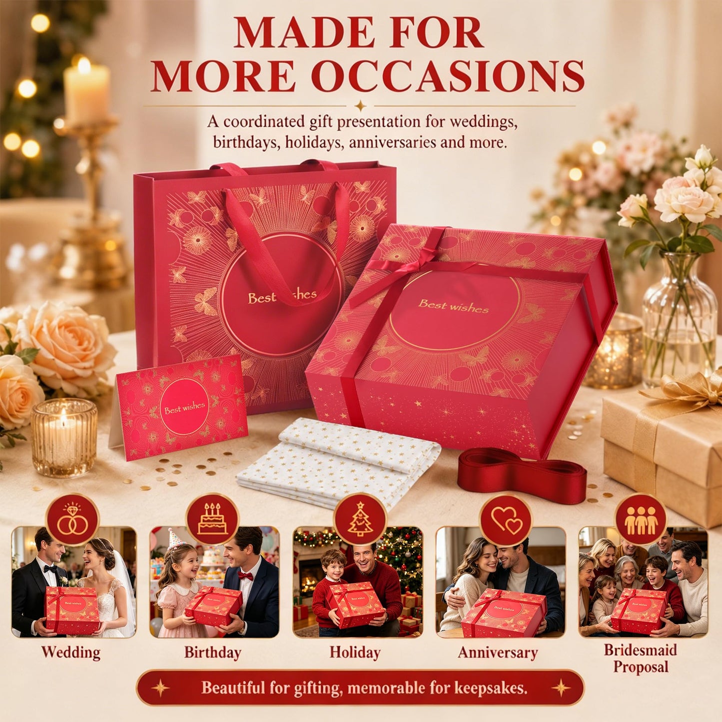 Amalee Gift Box with Lid 12x12x4 Inches, Large Red Magnetic Box Set with Gift Bag, Card, Ribbon & Tissue Paper, No Glue Needed Packaging for Bridesmaid Proposal, Wedding, Birthday Party