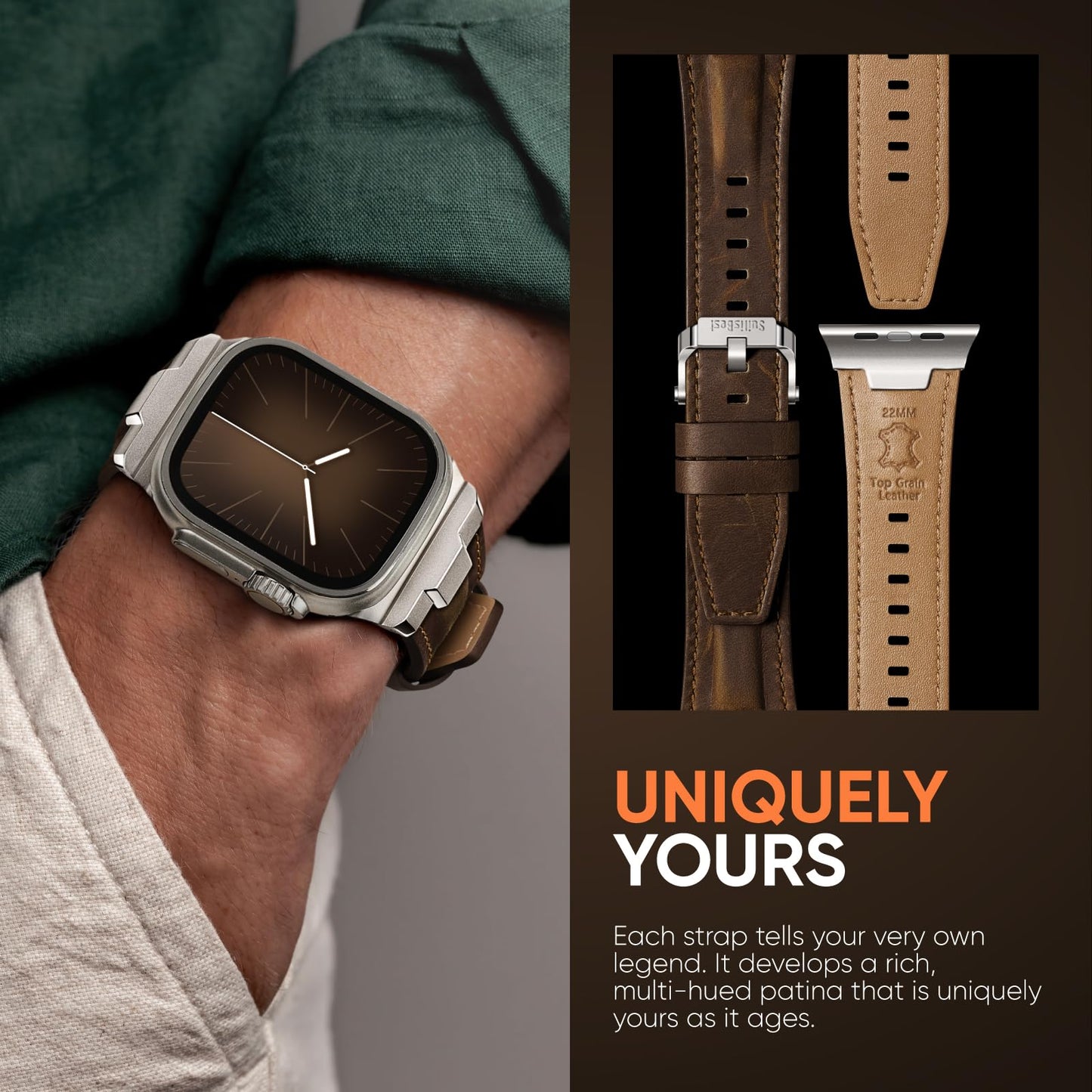 Suitisbest Leather Bands Compatible for Apple Watch Ultra Band 49mm 46mm 45mm 44mm 42mm, Genuine Leather Replacement Strap for iWatch Series 11 10 9 8 7 6 5 4 3 2 1, SE 3 2 1, Ultra 3 2 1