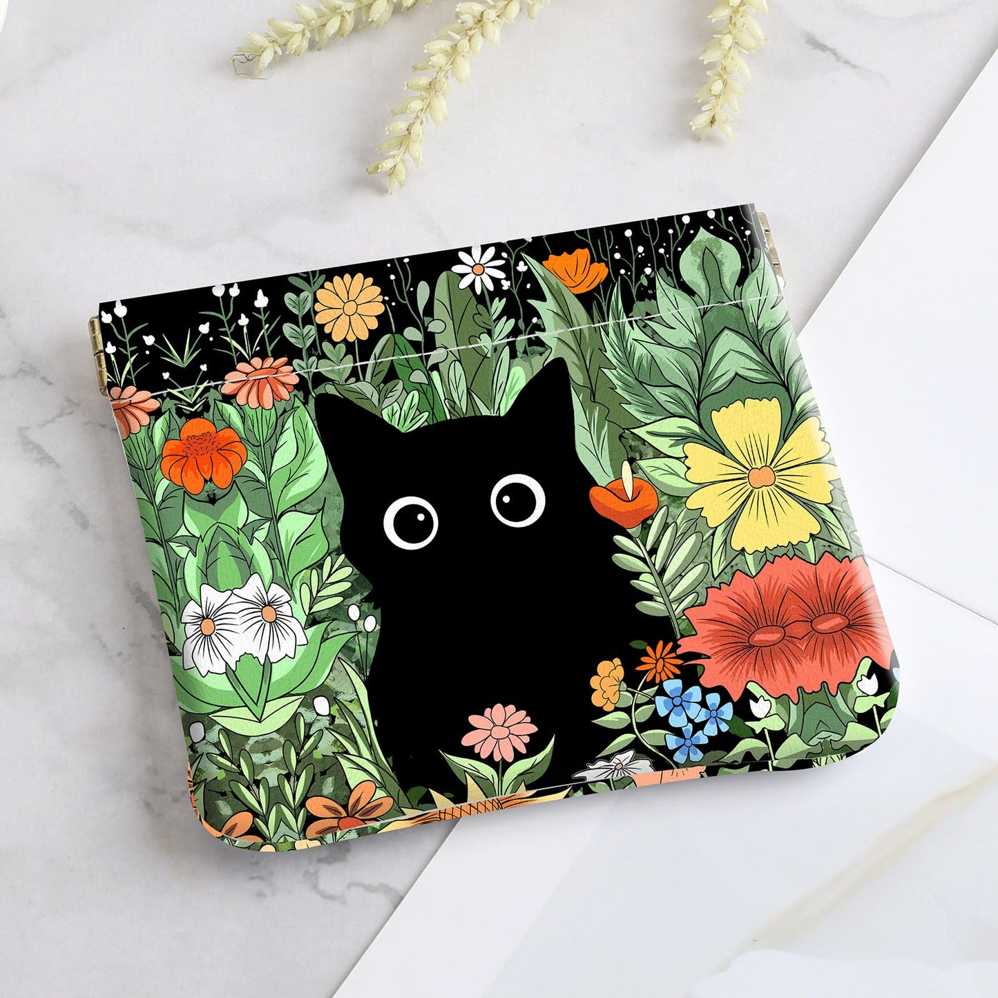 2Pcs PU Leather Small Squeeze Coin Purse Pouch Mini coin Bag Unique And Cute Wallet Cosmetic Bags Change Bag For Women Girls Men Flower And Cat