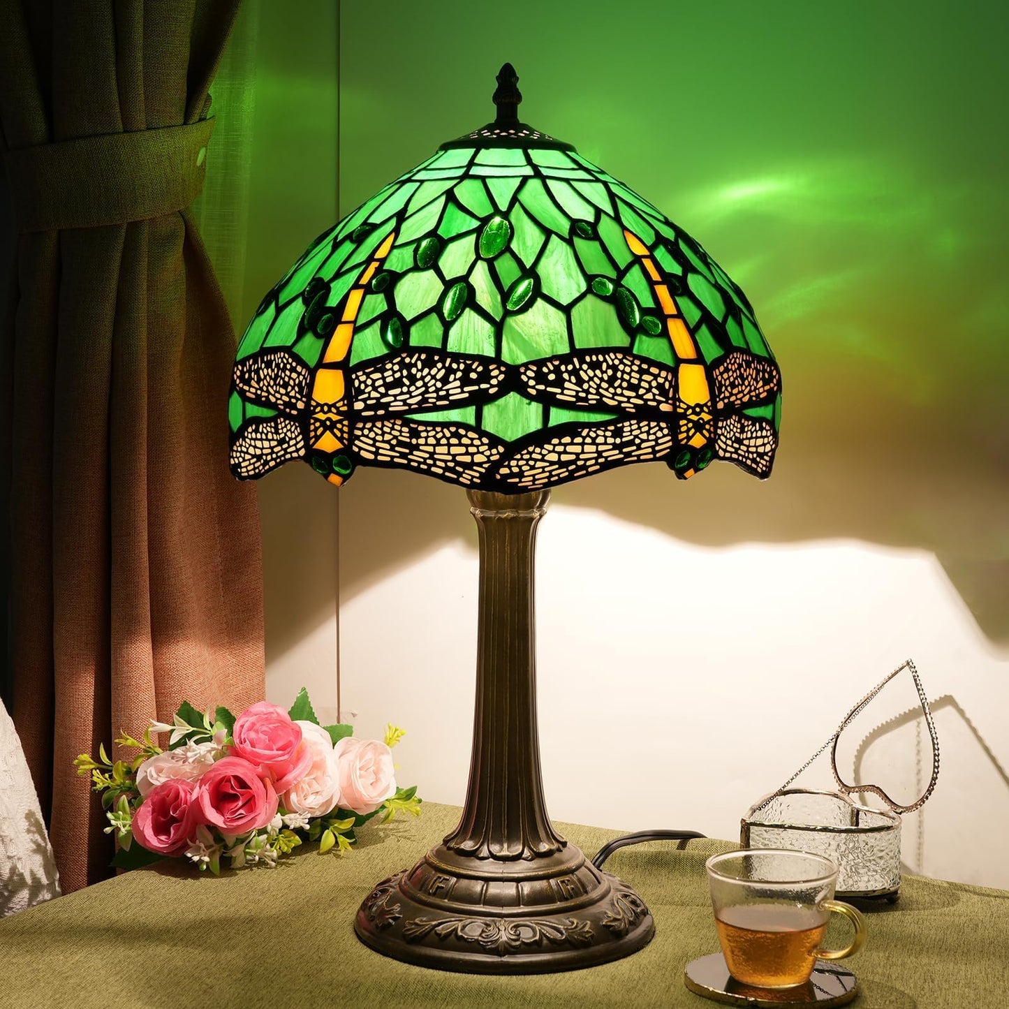 wecrejoni Tiffany Lamp Green Dragonfly Stained Glass Table Lamp 12X12X18 Inches Green Dragonfly Style Desk Reading Light Decor Beside Bedroom Living Room Home