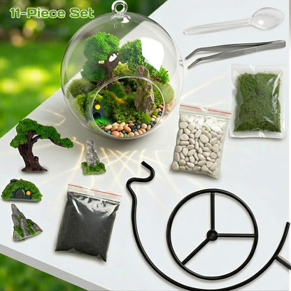 DIY Glass Globe Terrarium-Style Decor Kit, 11-Piece Mini Micro Landscape Ornament Set for Desk, Home & Office- Thoughtful Indoor Gift for Home & Office Decor
