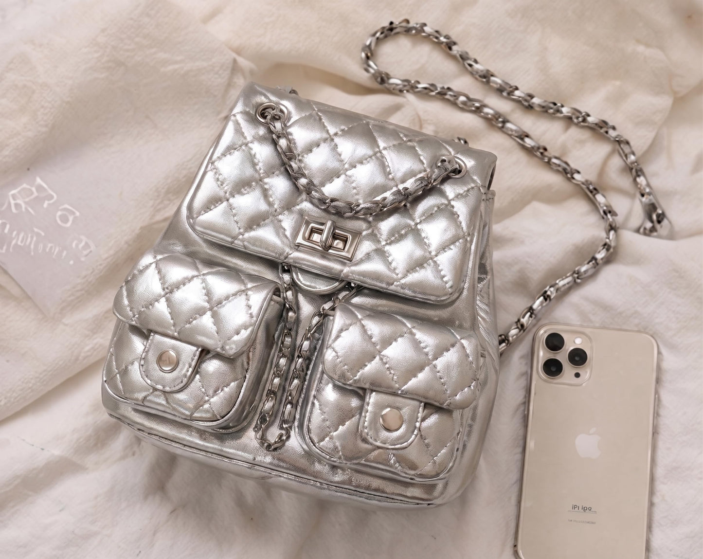 COC.EFRENAR Quilted Mini Backpack for Women, Chain Strap Small Purse with Flap Closure, Fashion Shoulder Bag Cute Travel Daypack(Silver)