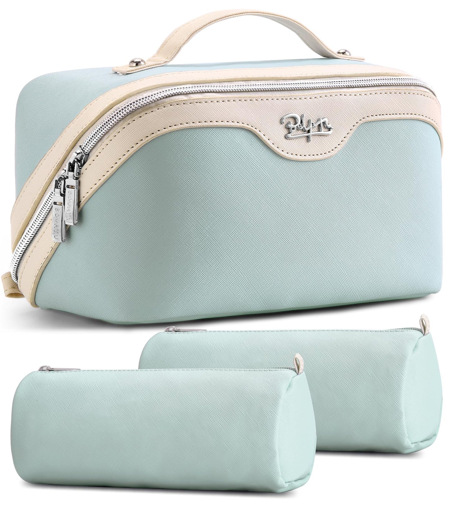 BOYATU Travel Makeup Bag Organizer Cosmetic Bag: 3 Pcs Set Make up Bags for Women with Handle - Waterproof Vegan Leather Toiletry Bags Travel Essentials Pouch with Compartments (A-06-Blue)