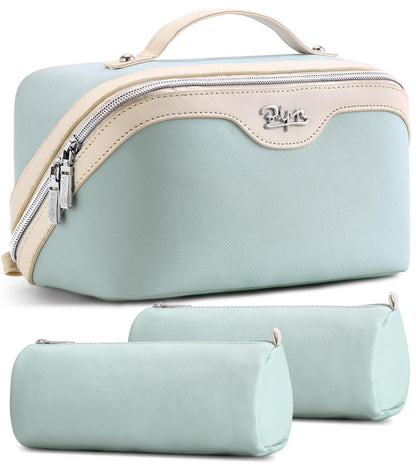 BOYATU Travel Makeup Bag Organizer Cosmetic Bag: 3 Pcs Set Make up Bags for Women with Handle - Waterproof Vegan Leather Toiletry Bags Travel Essentials Pouch with Compartments (A-06-Blue)