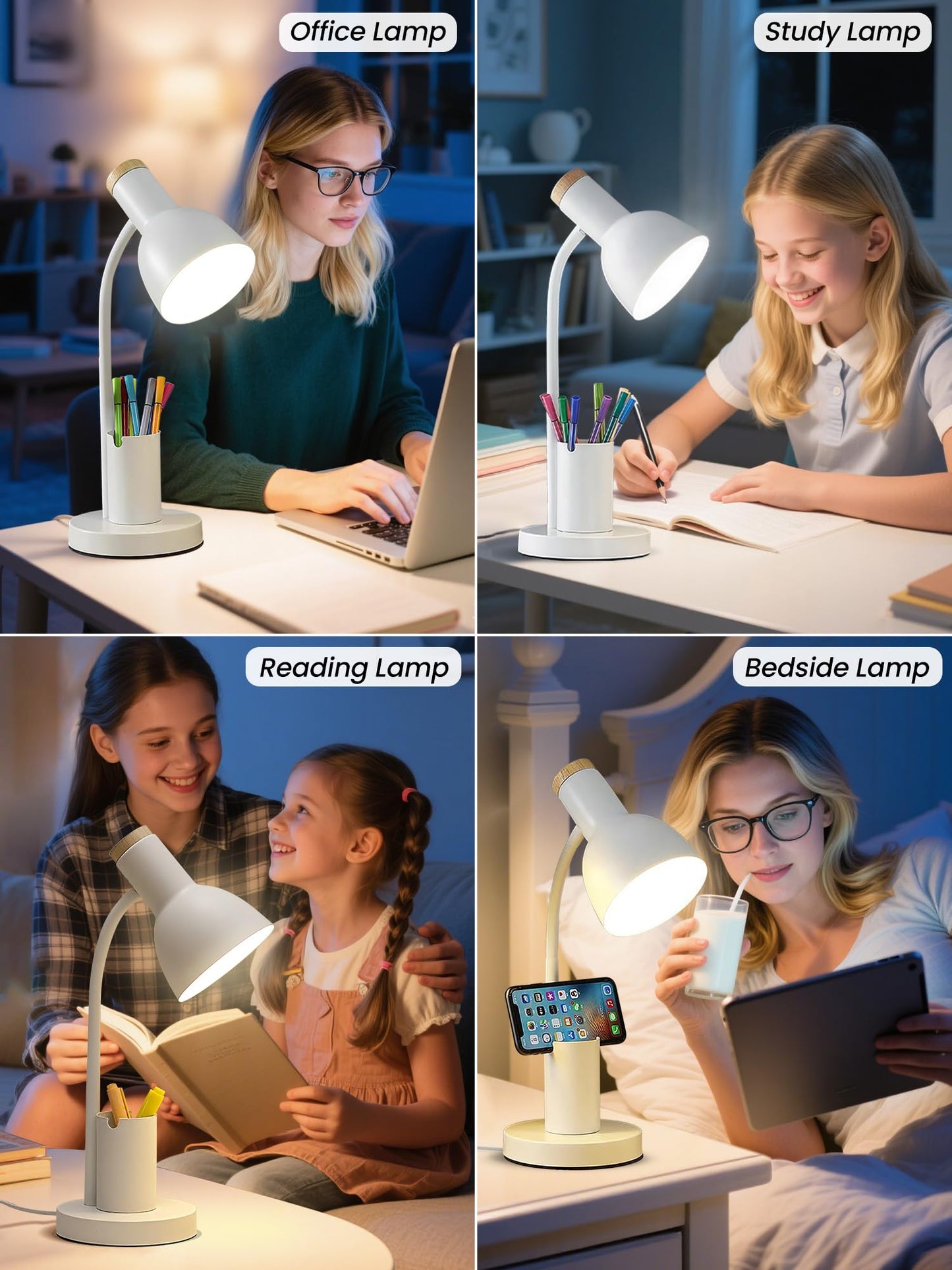Desk Lamp, LED Desk Lamps for Home Office, 3 Color Modes Eye-Caring Reading Light, Flexible Gooseneck Desk Light with Pen Holder, Table Lamp for Bedroom Bedside College Dorm Study Room (White lamp)
