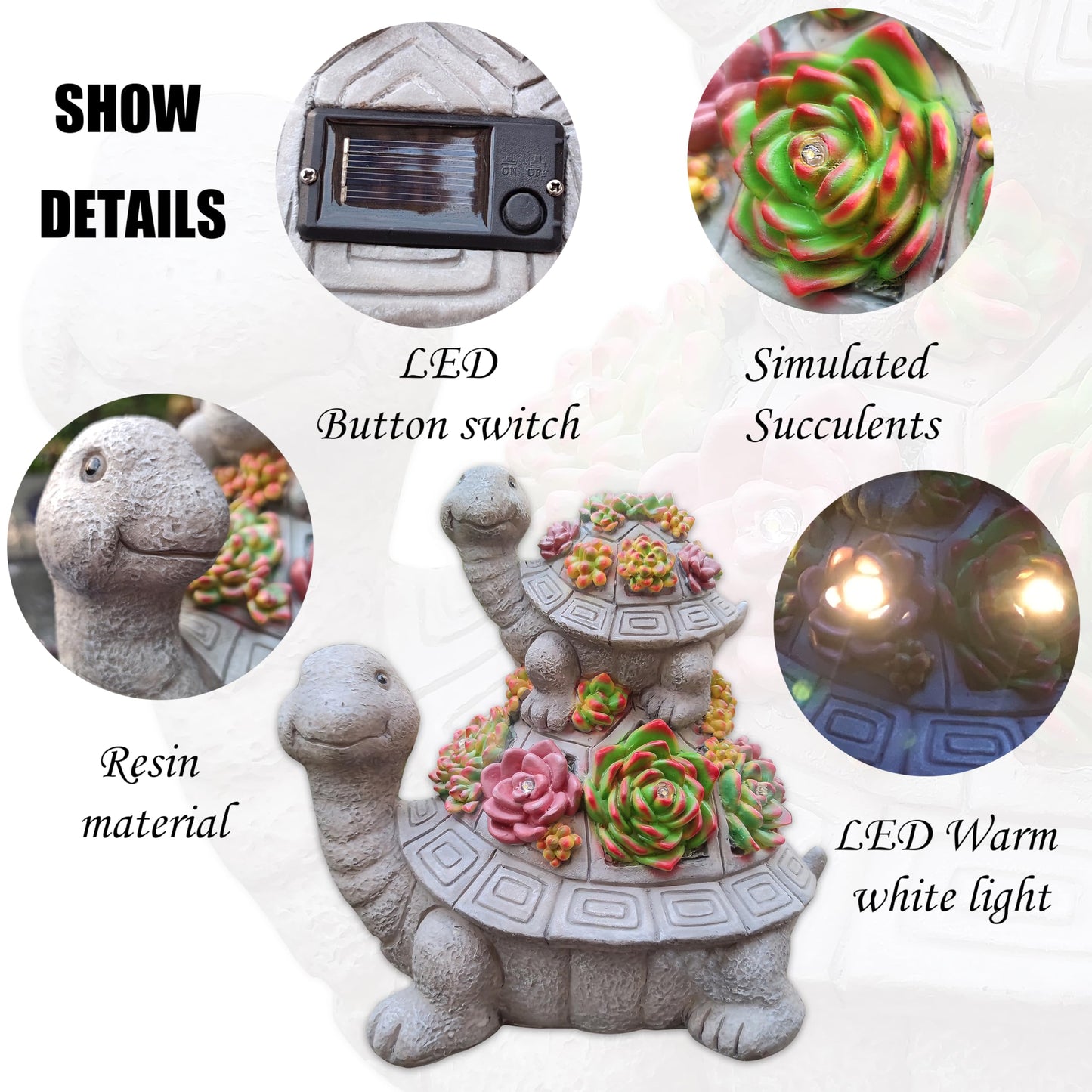 VIOYOUNS Large Turtle Solar Garden Outdoor Statues with Succulent and 6 LED Lights,Outside Solar Turtle Decor Art for Garden,Home,Lawn,Yard, Balcony Ornament