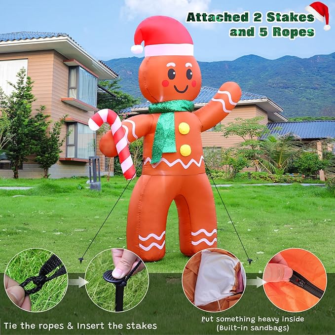 FunFanso 6 FT Christmas Inflatable Gingerbread Man with Candy Cane, Blow Up Cute Decoration with Build-in LEDs, Inflatable Outdoor Decorations for Holiday Lawn Garden Patio Home Porch Xmas Party Eve