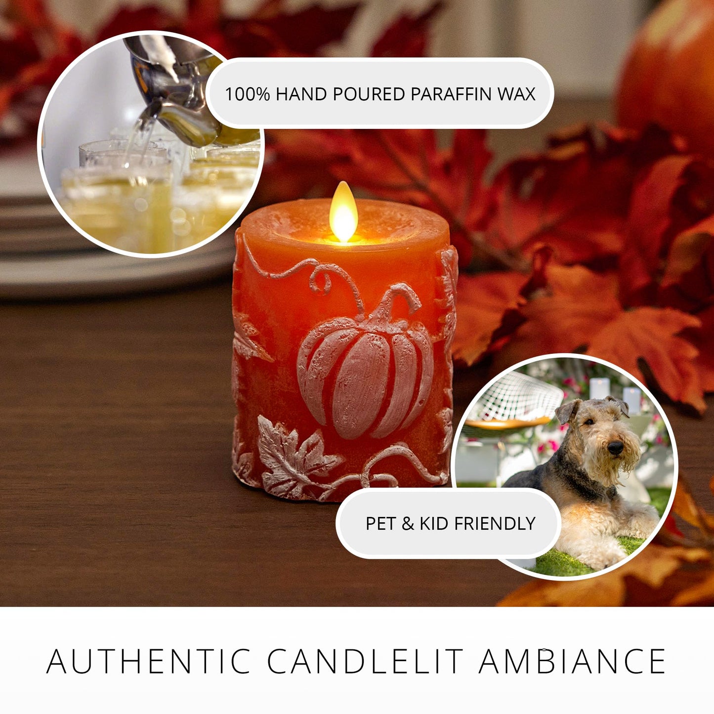 Luminara Embossed Leaves and Pumpkins Moving Flame Pillar Candle 3.25" x 4.5" with Recessed Edge Unscented Real Wax LED Battery Operated Candle Lights