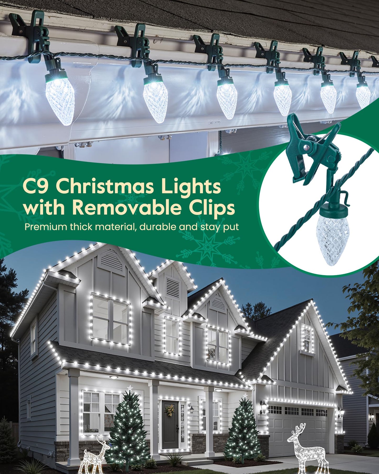 C9 LED Christmas Lights Outdoor with 100 Spring Clips, 65FT 100 LED C9 String Lights Waterproof Connectable for Roofline Patio House Yard Windows Xmas Tree Indoor Outdoor Christmas Decorations, White