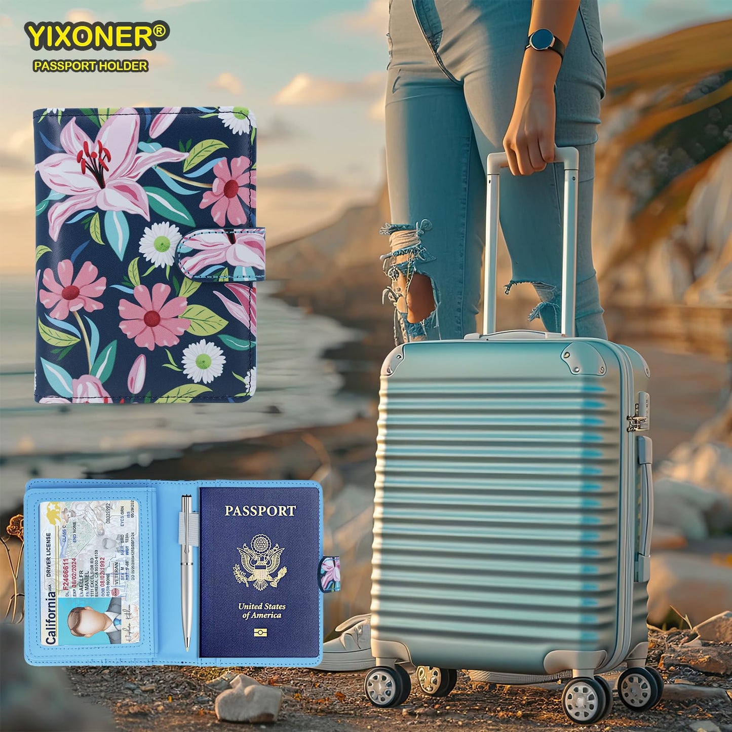YIXONER Passport Holder For Travel, RFID Blocking Passport Wallet, Passport Cover Secure & Front Pocket Money Holder For Men & Women, Travel Wallet, Lily With Daisy, Advanced Version