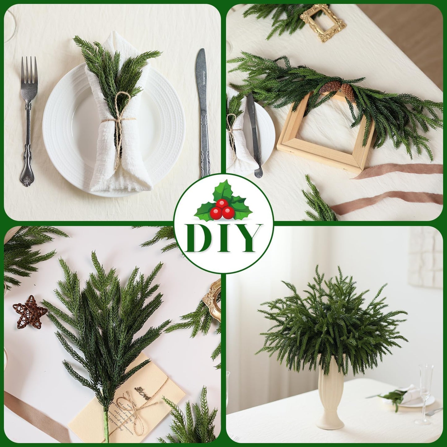 Juxdp 20 Pcs Soft Textured Norfolk Pine Branches, Artificial Christmas Green Plants Branch Faux Greenery Stem Fake Pine Picks for Vase DIY Crafts Garland Wreath Xmas Indoor Outdoor Decor(18 Inches)