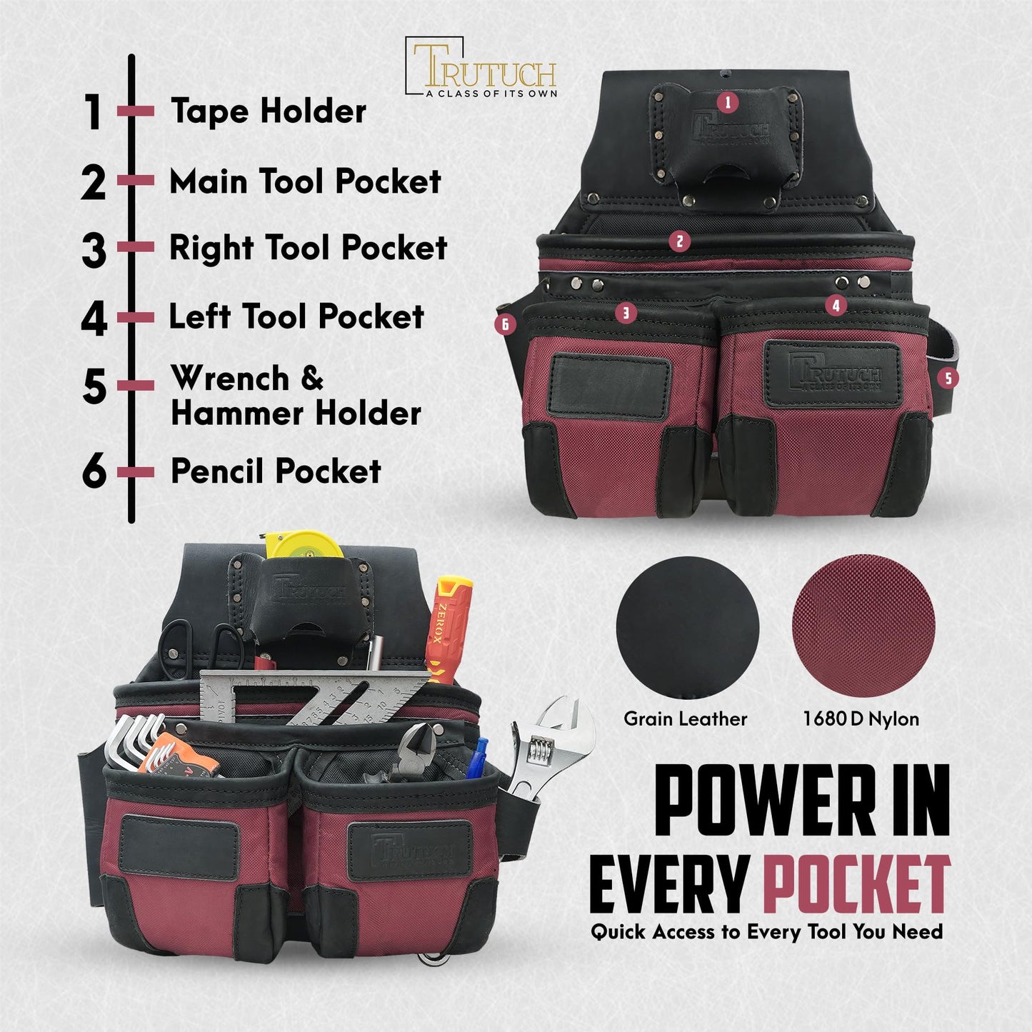TRUTUCH Nylon and Leather Tool Belt | Framing Tool Bags | Nylon Tool Pouch | Carpenter Tool Belts | Construction | Framers | Electrician Tool Belt (Maroon 1650)