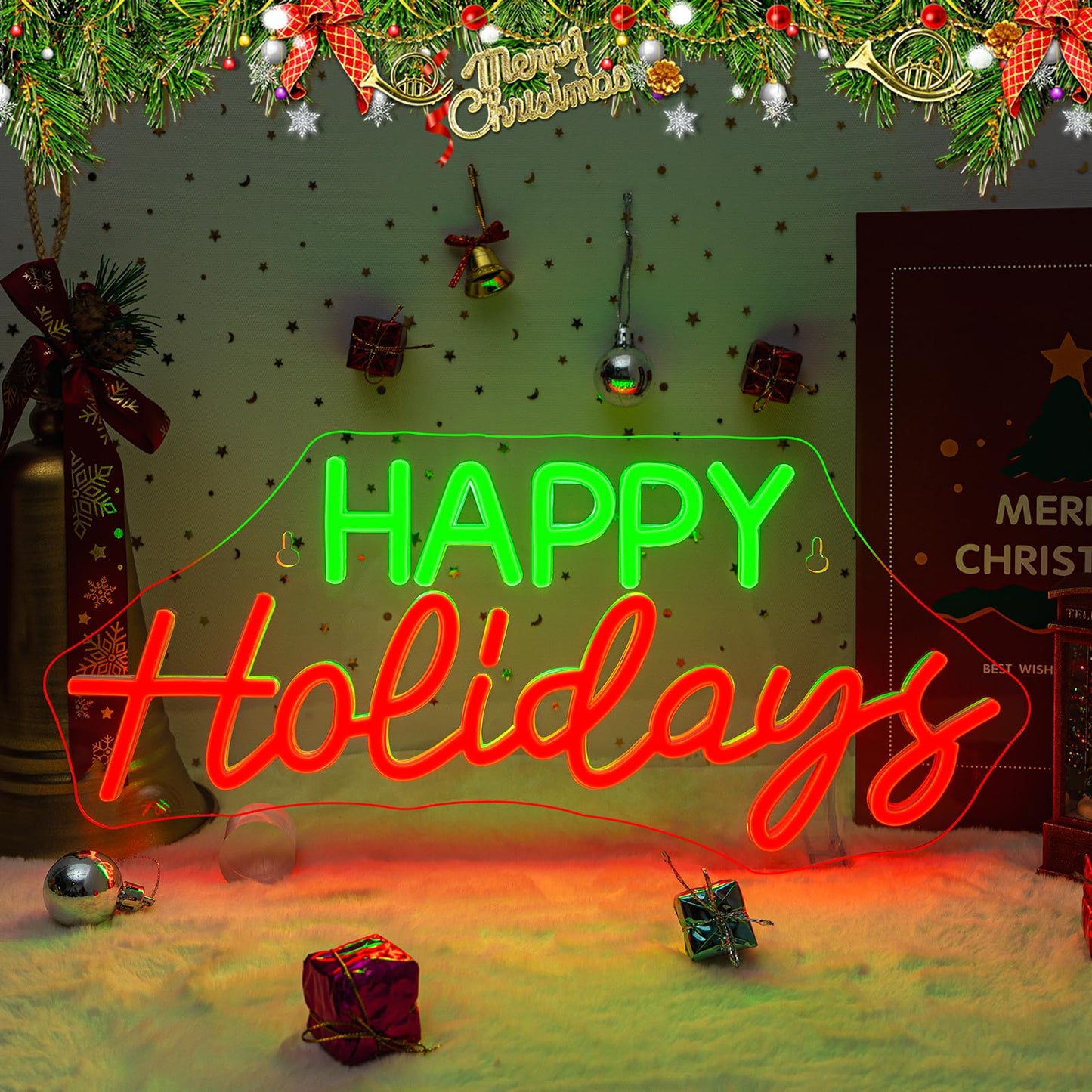 Horseneon Red Happy Holidays Neon Sign Merry Christmas Neon Signs for Wall Decor Christmas Tree Neon Light LED Sign with USB Powered for Party, Windows, Home Decor, Bedroom, Living room Warm