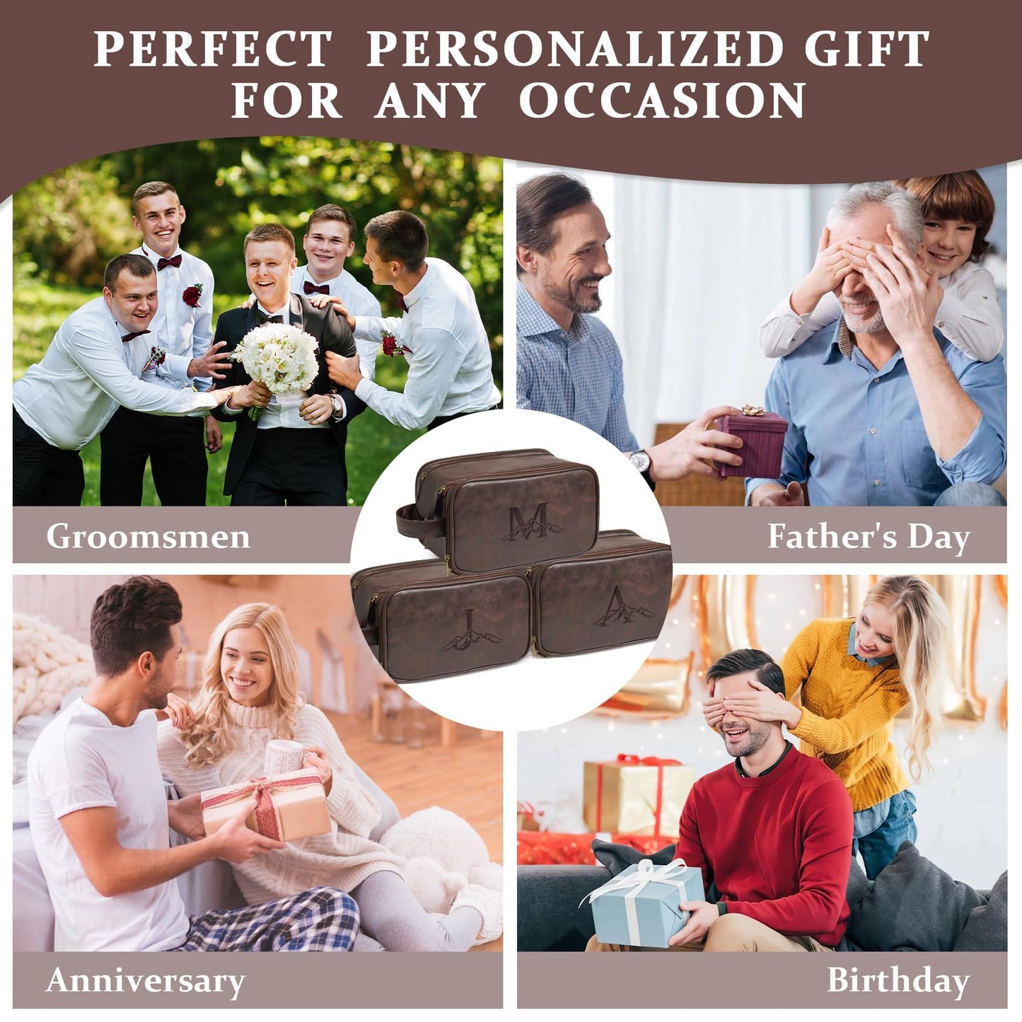 Janhavi Leather Toiletry Bag for Men, Personalized Laser Engraved Initials & Mountain, Toiletry Bag For Shower Caddy, Cruise Ship Essentials, Groomsmen Gifts, Men's Accessories (Dark Brown E)