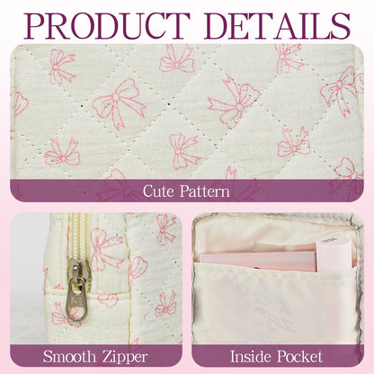 AMZMA Small Quilted Makeup Bag Mini Floral Pouch for Purse Cute Travel Toiletry Organizer Cotton Cosmetic Pouch with Slip-in Pockets