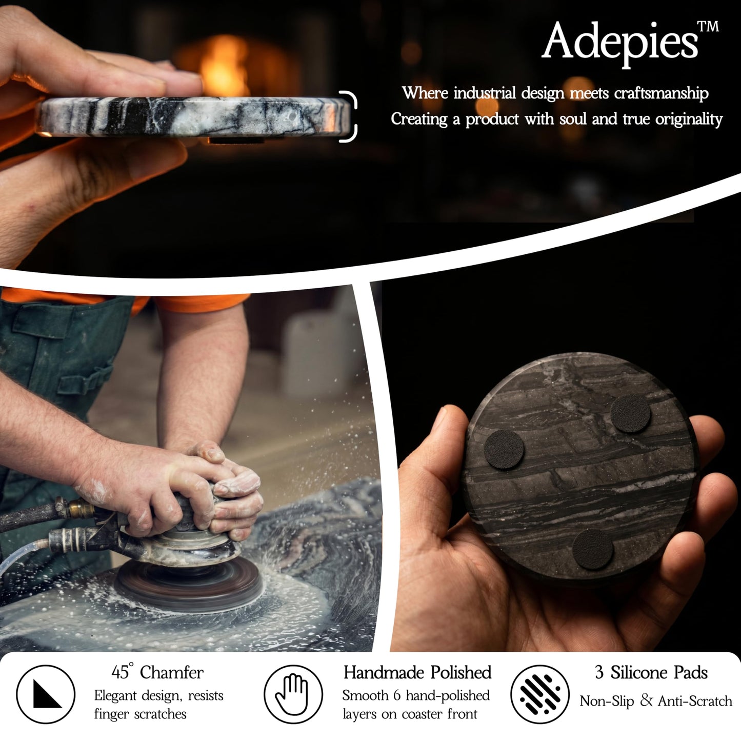Adepies 3.5" Round Marble Coasters Set of 6, Black Natrual Water-Resistant Stone Drink Pads, Handmade Polished Cup Mats, Non Slip Backing, Office Bar Coffee Table Decor, New Home Housewarming Gifts