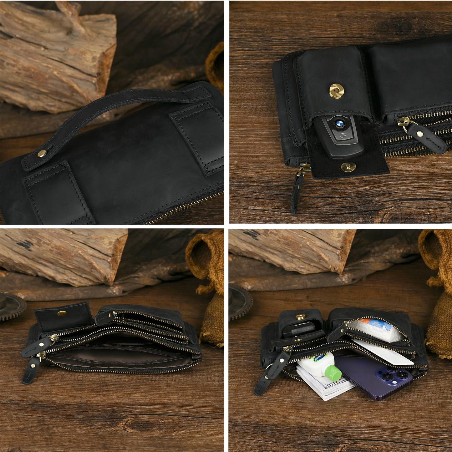 Handadsume Water Resistant Canvas + Leather Hiking Riding Travel Fanny Waist Pack Small Phone Pouch For Men Women FB811-29 (100% Leather-Thick Black)