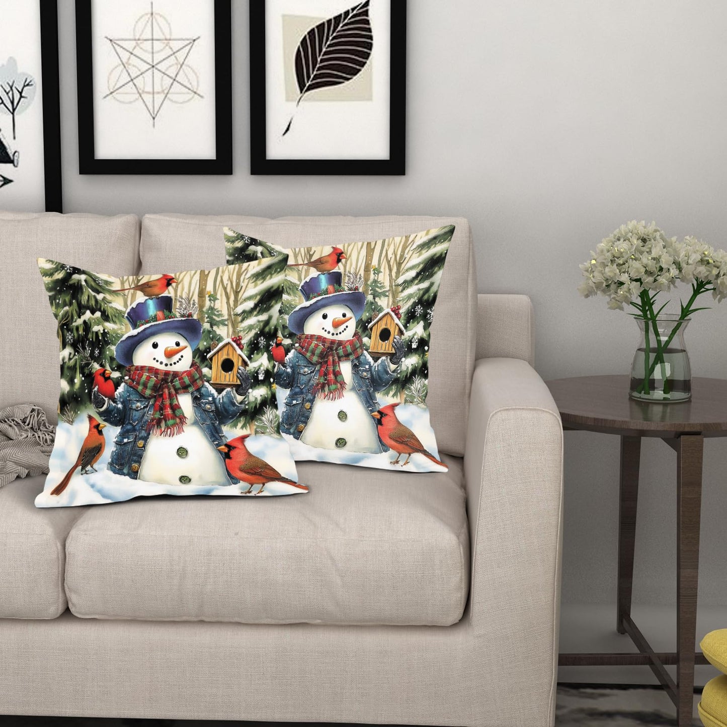 Barneova Christmas Pillow Covers 24x24 Inch Snowman Snowflake Decorative Outdoor Throw Pillow Covers Winter Pillow Cases Cotton Linen Cushion Covers for Couch Sofa Bed Home Winter Decor (Pack of 2)