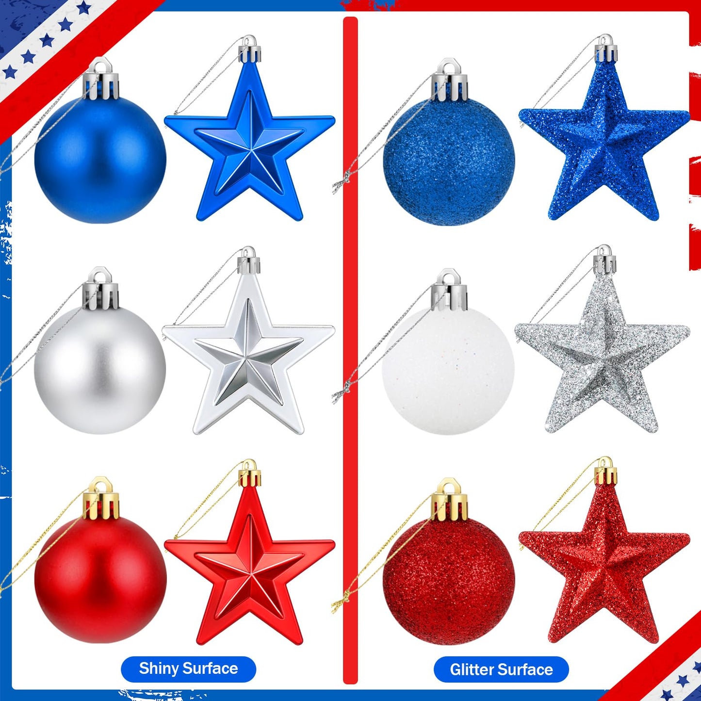 Janinka 60 Pcs Patriotic Star Ornaments 4th of July Hanging Star Balls 250th Anniversary Red White and Blue Stars Balls Ornaments for USA Veteran Independence Day Decor