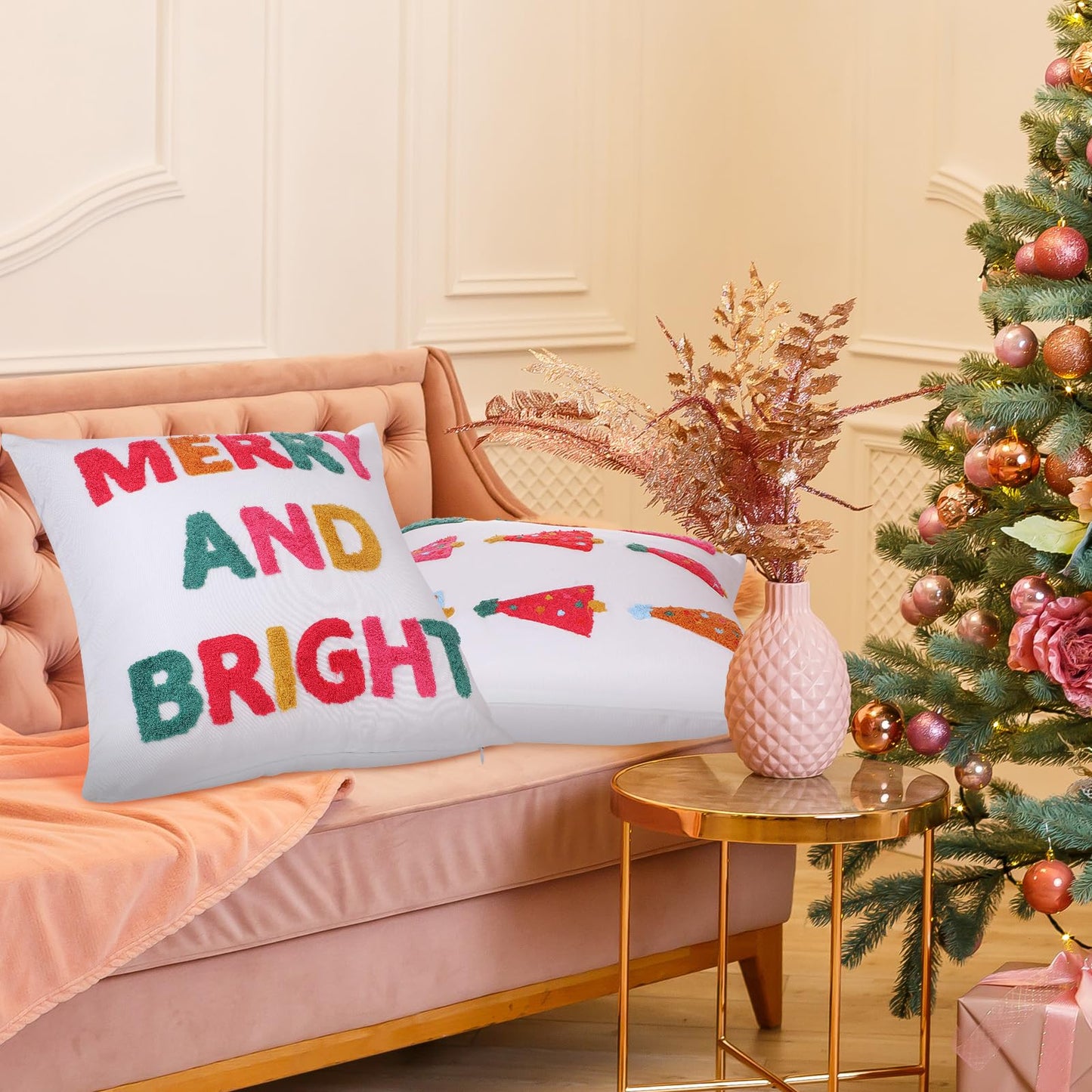 Remagr 2 Pcs Merry and Bright Christmas Tree Pillow Covers Pink Embroidered 18 x 18 Inches 3D Pillow Covers Decorative for Winter Xmas Home Bedroom Sofa Decor