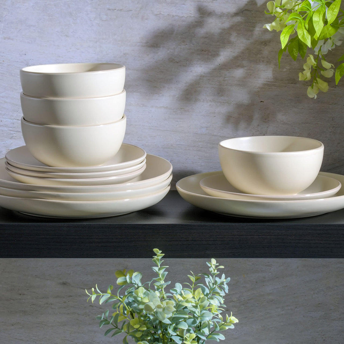 Gibson Home Queenslane 16 Piece Double Bowl Plates and Bowls Dinnerware Sets - Matte Blue