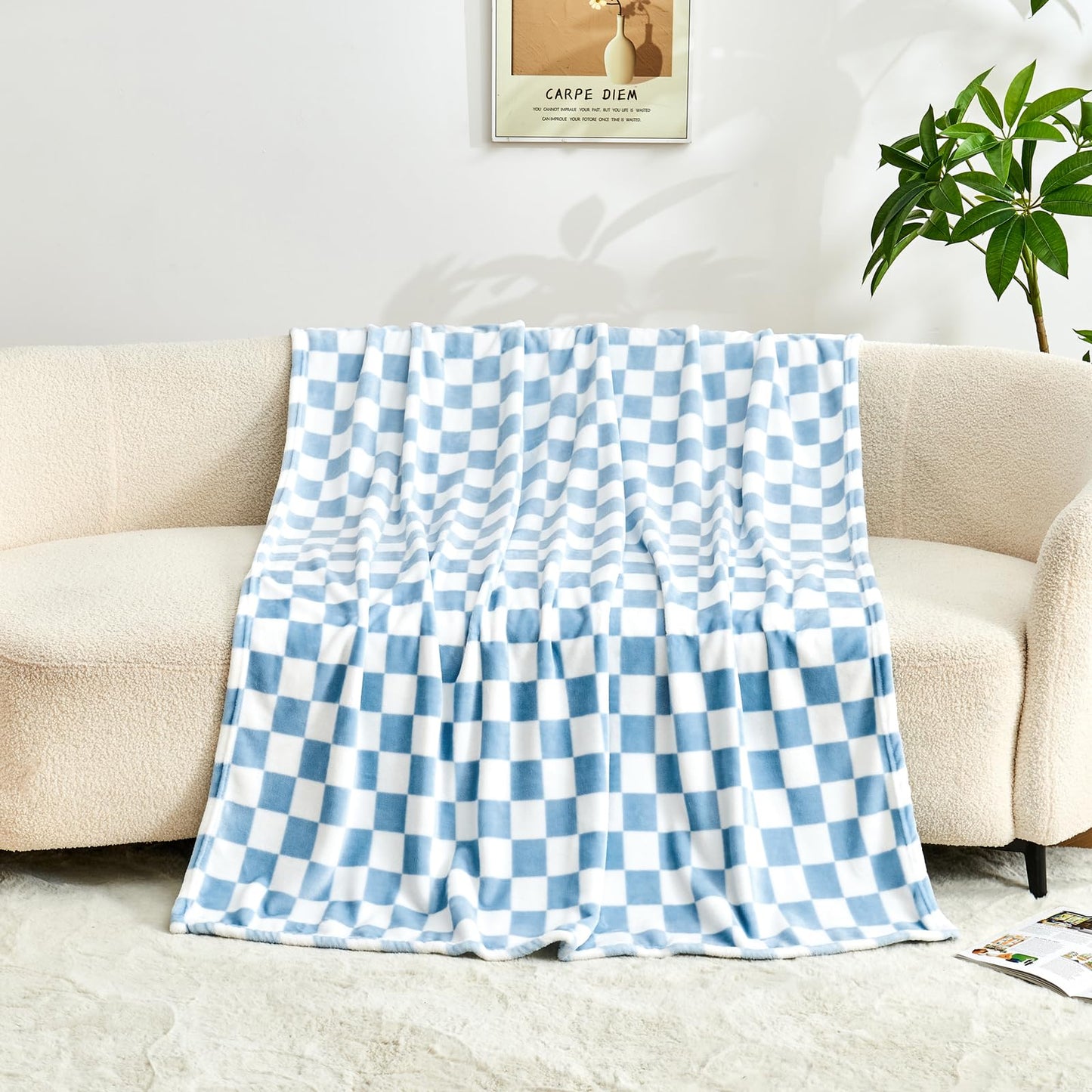 Edenleaf Checkered Blanket Flannel Throw Blankets Soft Cozy Checkered Grid Print Chessboard Gingham Pattern Throws for Bed Sofa Couch for All Seasons, 50x60 Inch, Blue