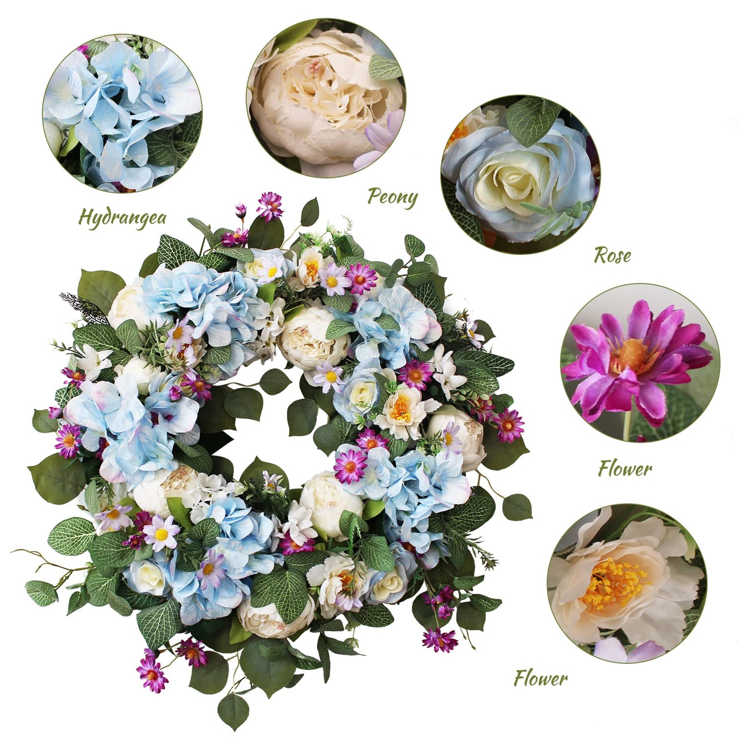 24 Inch Spring Wreaths for Front Door, Spring Wreath,Blue Hydrangea Wreath,Large Spring Summer Door Wreaths for Front Door Outside All Season Home Decor (Blue)
