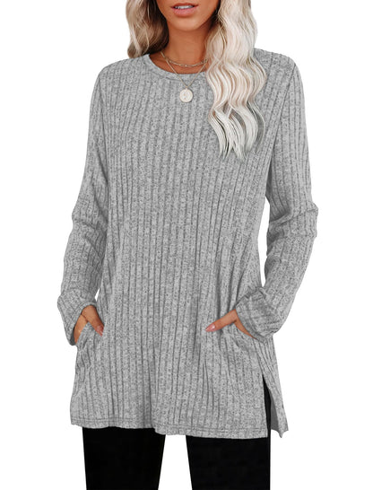 SAMPEEL Womens Sweaters Crewneck Long Sleeve Shirts with Pockets Fall Outfits 2025 Fashion Winter Clothing Side Slit