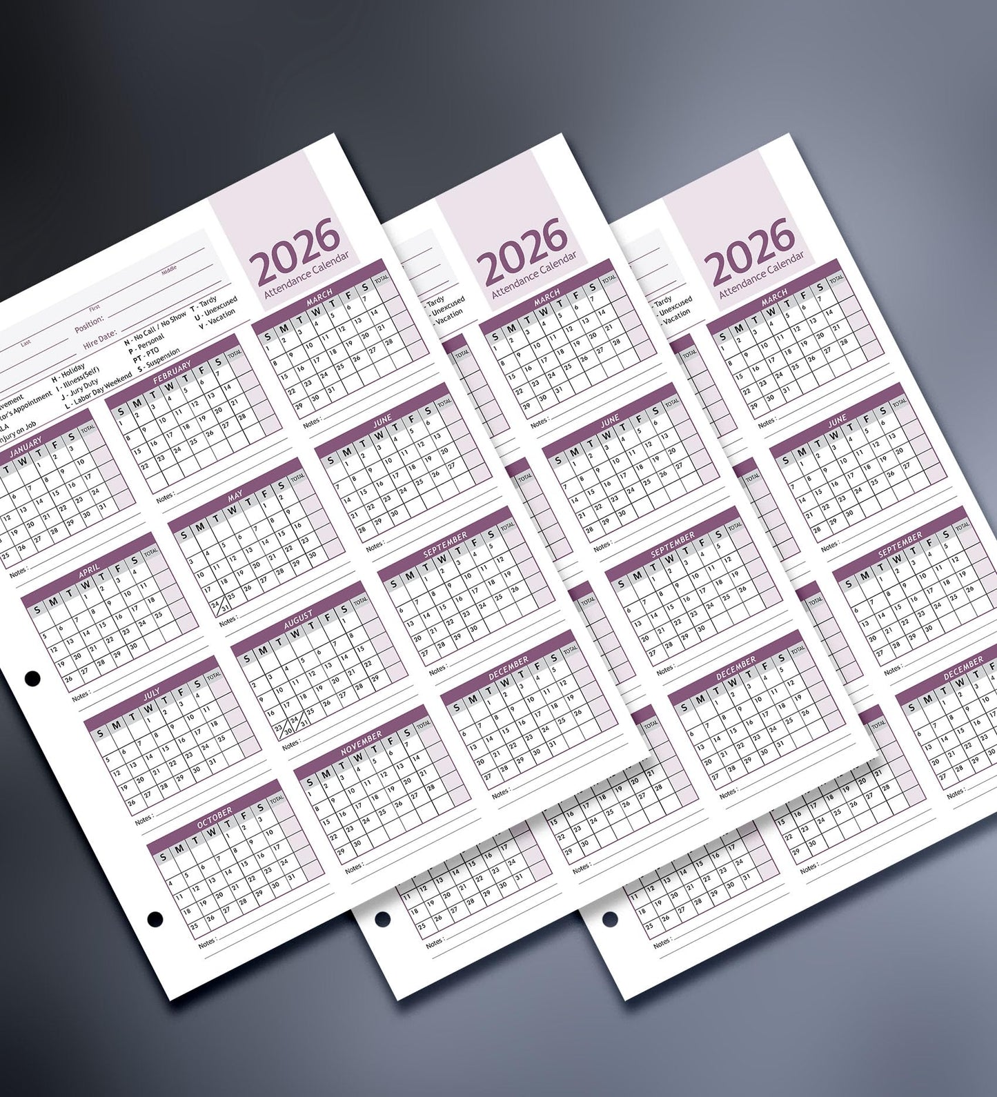 Attendance Calendar Employee Card Attendance Record Tracker 2026, Heavy 100lb Cardstock Paper 8.5 x 11 inches (Purple, Pack of 25 Sheets)