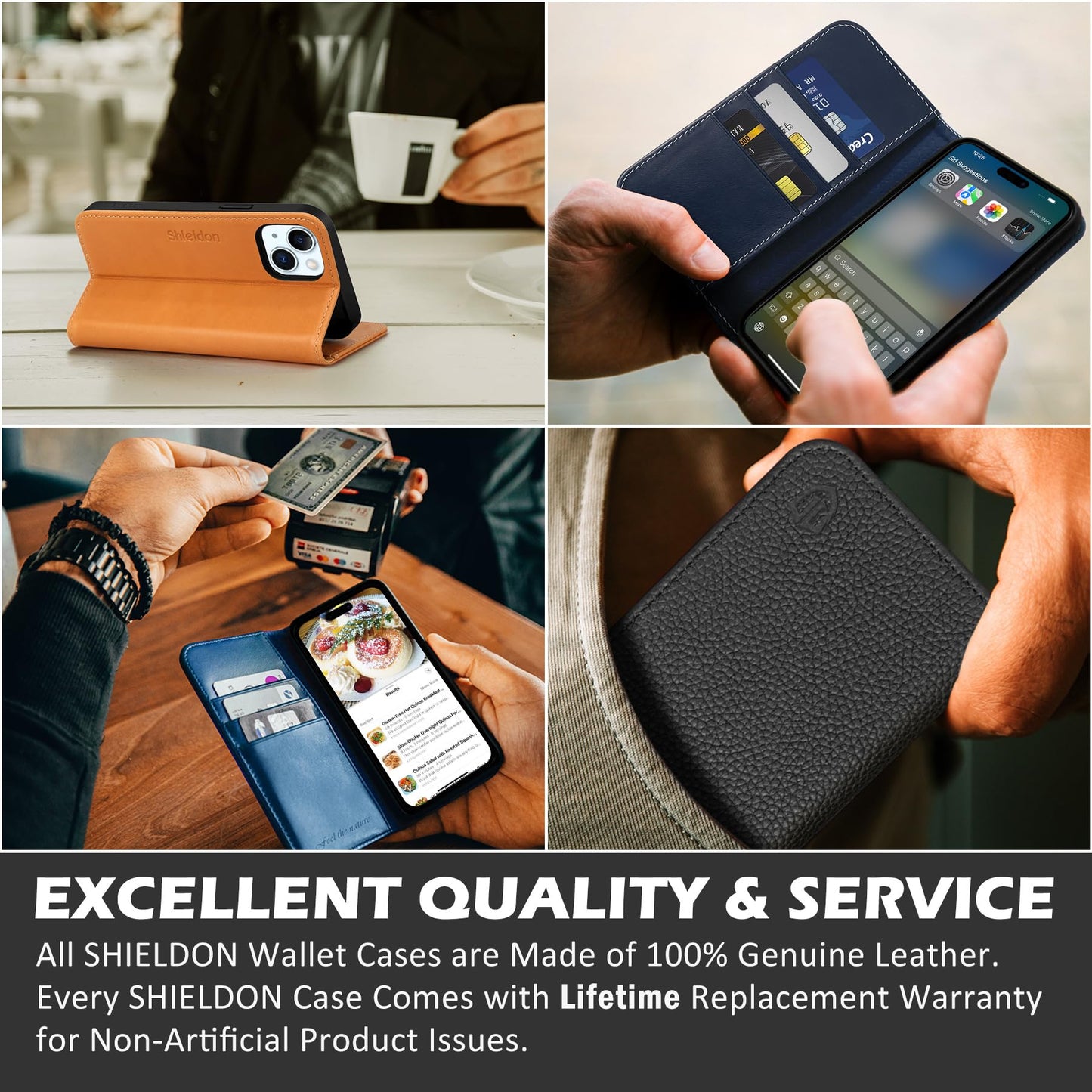 SHIELDON Case for iPhone 15 Plus 5G, Genuine Leather Wallet Magnetic Cover Kickstand RFID Blocking Credit Card Holder Shockproof Case Compatible with iPhone 15 Plus 6.7" 2023 - Retro Brown
