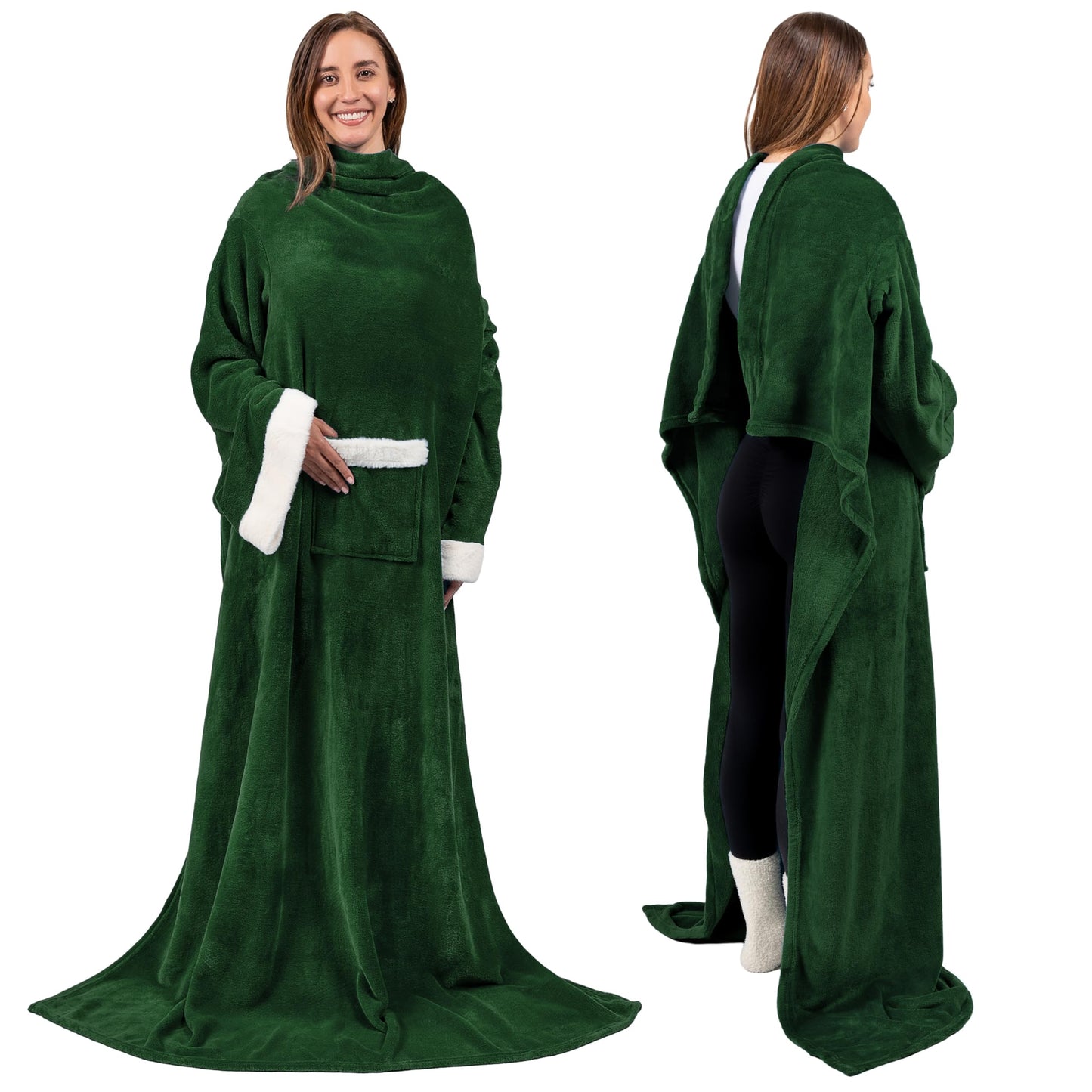 PAVILIA Wearable Blanket with Sleeves & Pocket for Women & Men, Soft Fleece Snuggle Throw with Sherpa Trim, Cozy TV Couch Robe, Gift Ideas for Mom & Wife, Dark Green