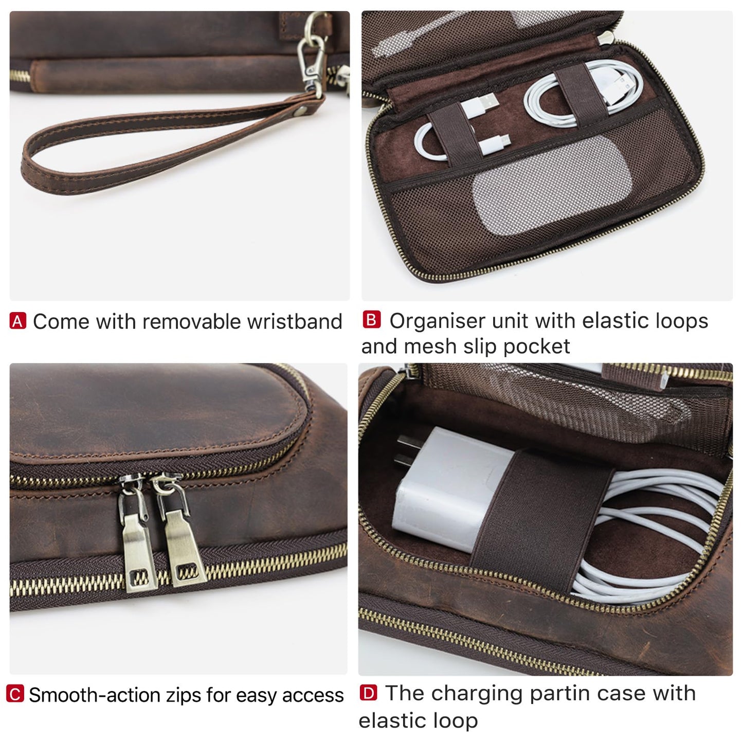 Hiram Handmade Crazy Horse Leather Tech Organizer Travel Case – Accessories Organiser Bag for Laptop, Tablet & Cell Phone, Double Compartment Charger Organizer Travel Case Coffee