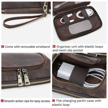 Hiram Handmade Crazy Horse Leather Tech Organizer Travel Case – Accessories Organiser Bag for Laptop, Tablet & Cell Phone, Double Compartment Charger Organizer Travel Case Coffee