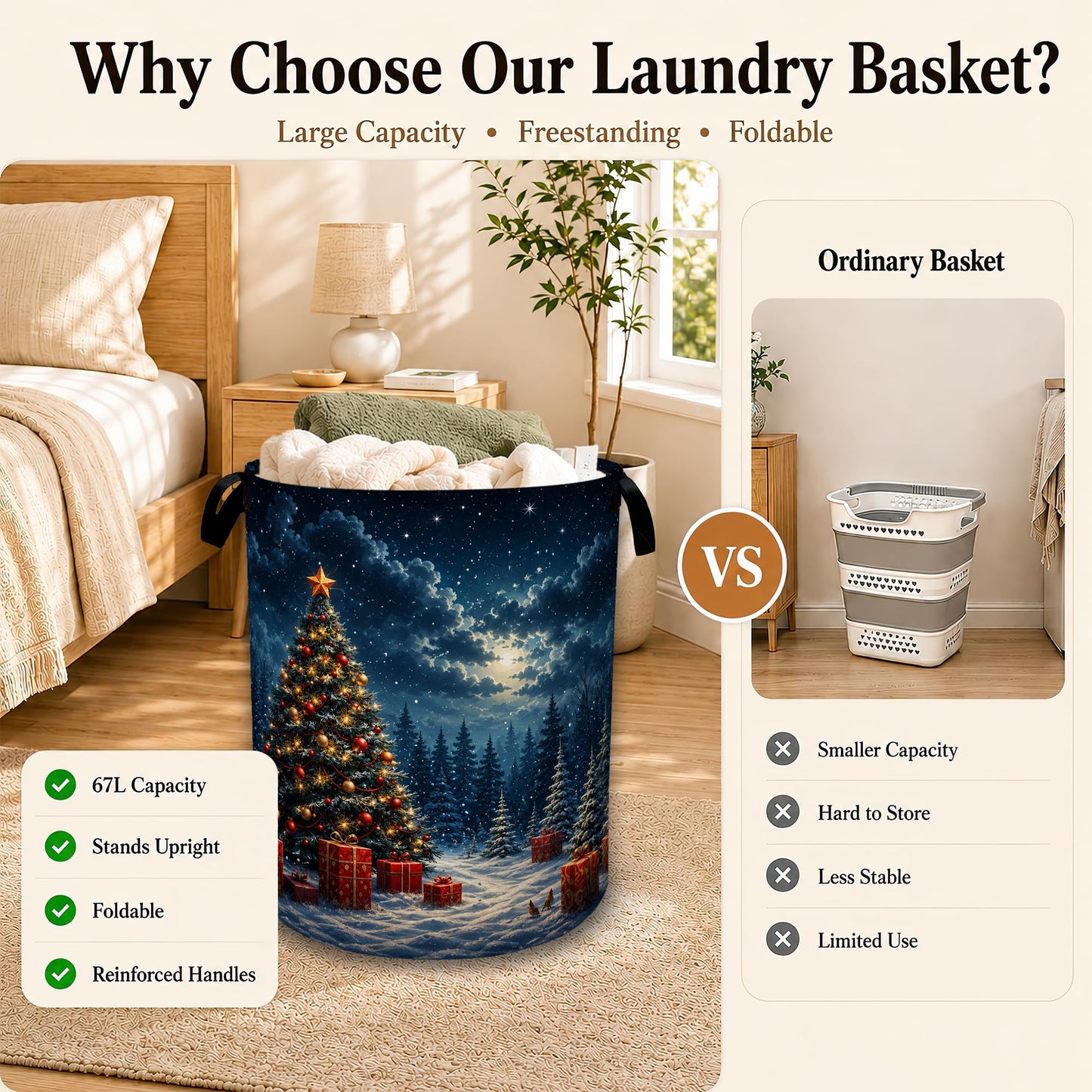 Christmas Tree Collapsible Laundry Hamper for Bedroom，Winter Night Freestanding Oxford Clothes Basket, Large Foldable Storage Bin with Easy-Carry Handles for Bathroom Dorm Laundry Room