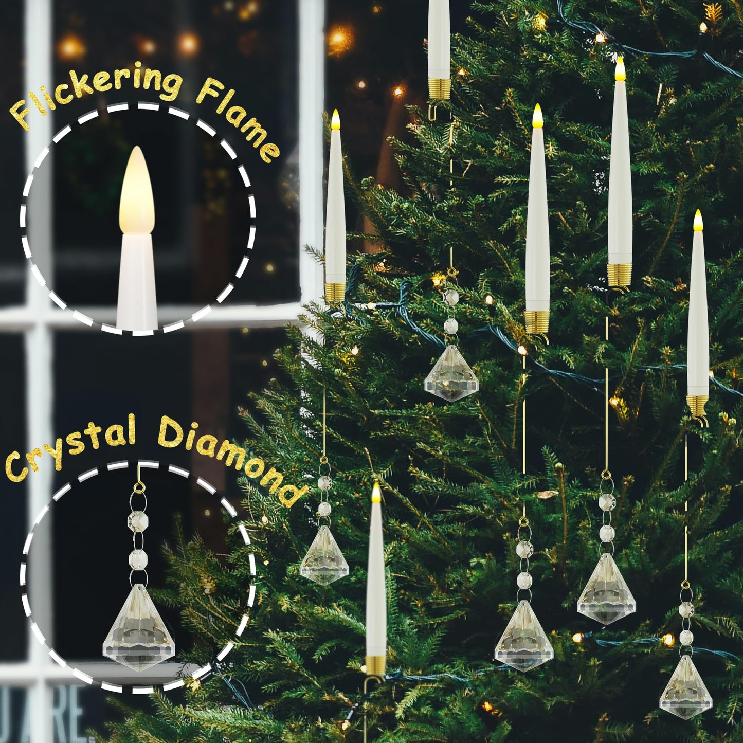 JOIONE Flameless Christmas Tree Candles with Remote, 10 Pack Battery Operated LED Candles with Suction Cup for Christmas Tree, Flickering Flame for Xmas Indoor Decor - Diamond