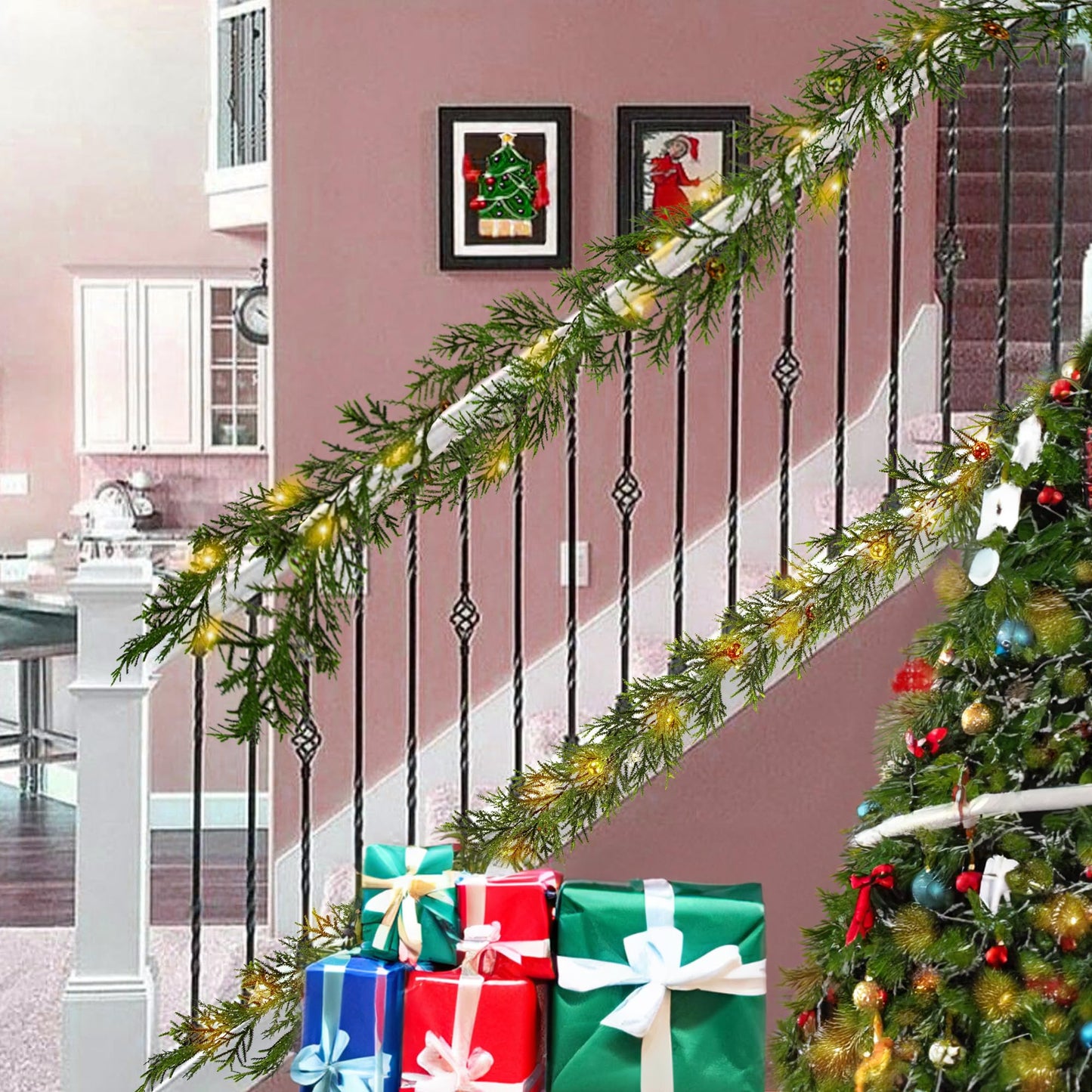 MINDELF 6 FT Artificial Christmas Garland, Faux Spruce Evergreen Garland with 20 LED Lights, Red Gold Ball Ornaments and Stars, Lighted with Timer, Perfect for Christmas Indoor Outdoor Decoration