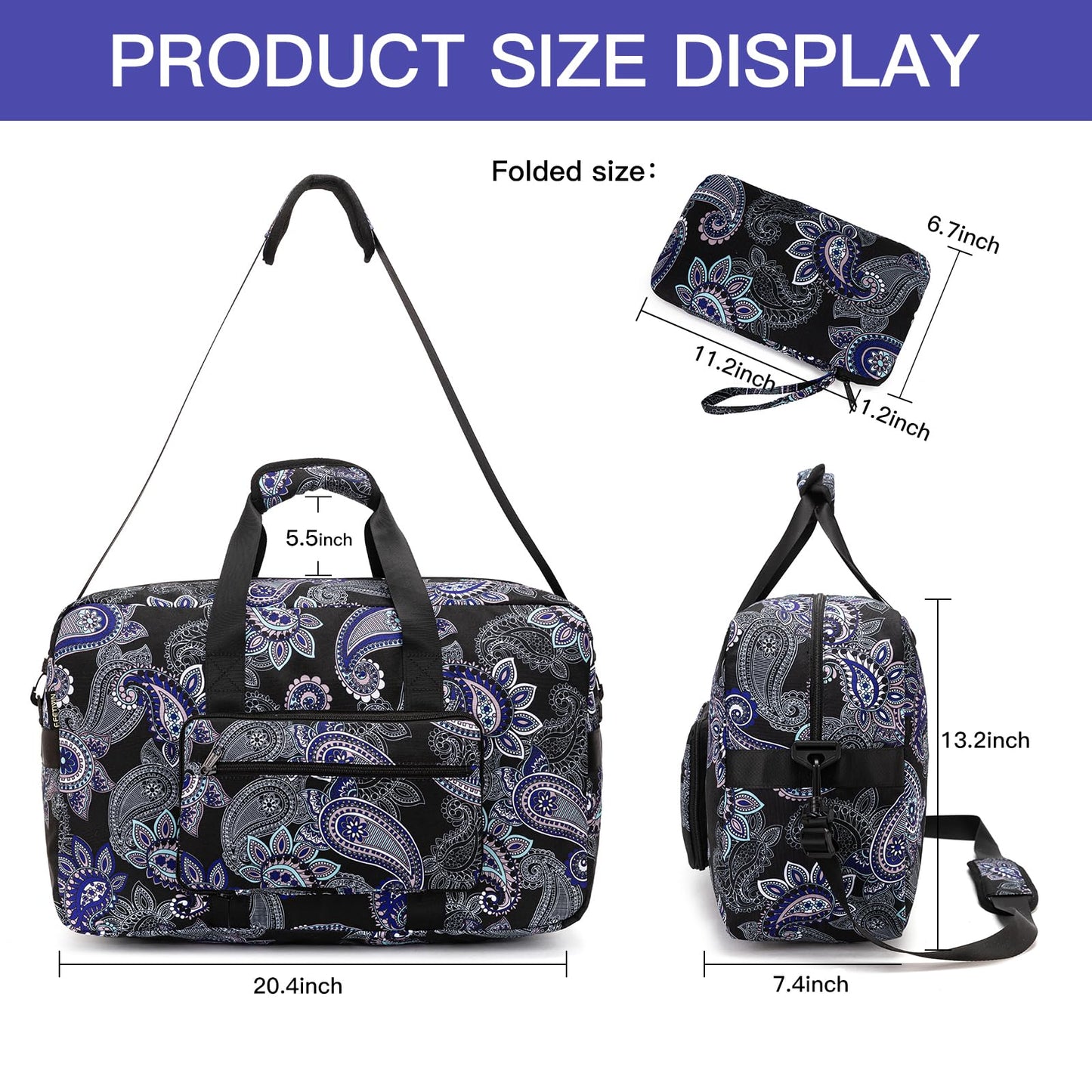 F.FETIVIN Weekender Bag Carry On Travel Duffle Bag Medium Overnight Bag for Women(Black Paisley)