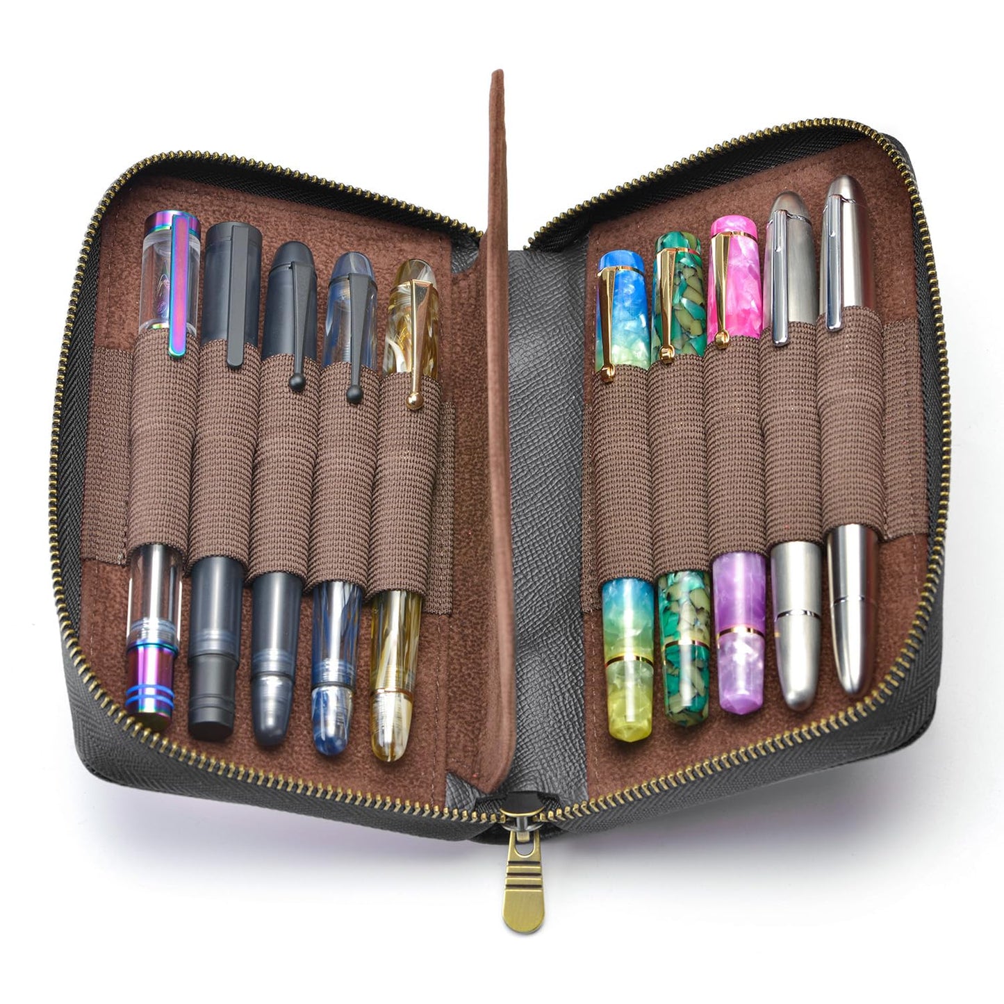 Fountain Pen Case Genuine Leather Pen Case 10 Divided Slots Black, Rollerball Pen Holder Handmade Display Organizer Zippered Pouch
