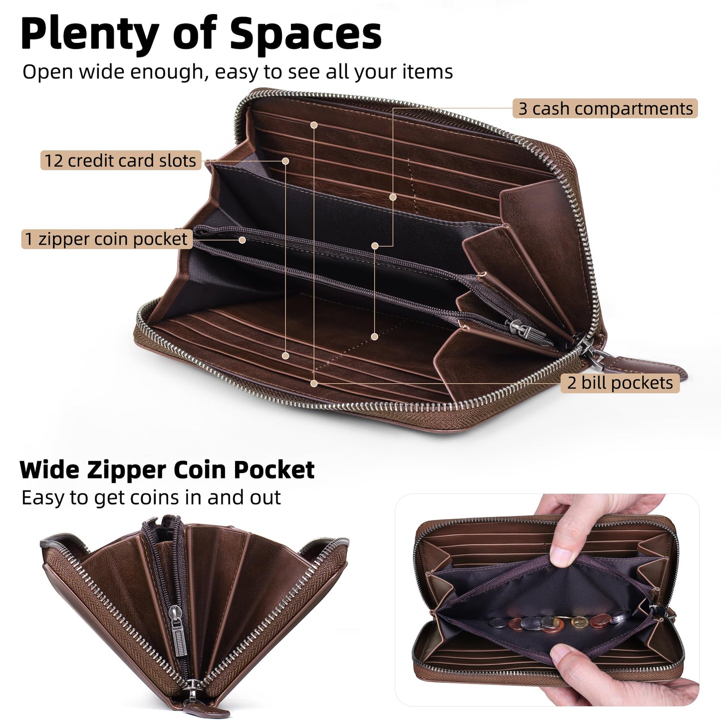 VISOUL Leather Long Zipper Pouch Wallet for Men and Women with RFID Blocking, Large Clutch Cash Long Wallet with Zipper (Brown)