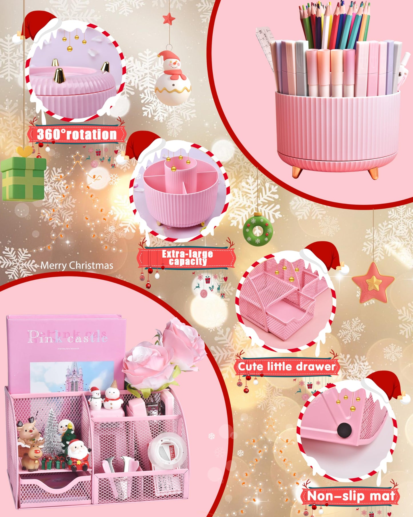 LXEVIHK 21Pcs Pink Desk Organizers and Accessories With Mesh Desk Organizer and 360°Rotating Pen Holder and a Lot of Office Pink Office Supplies Beautifully Presented in a Gift Box