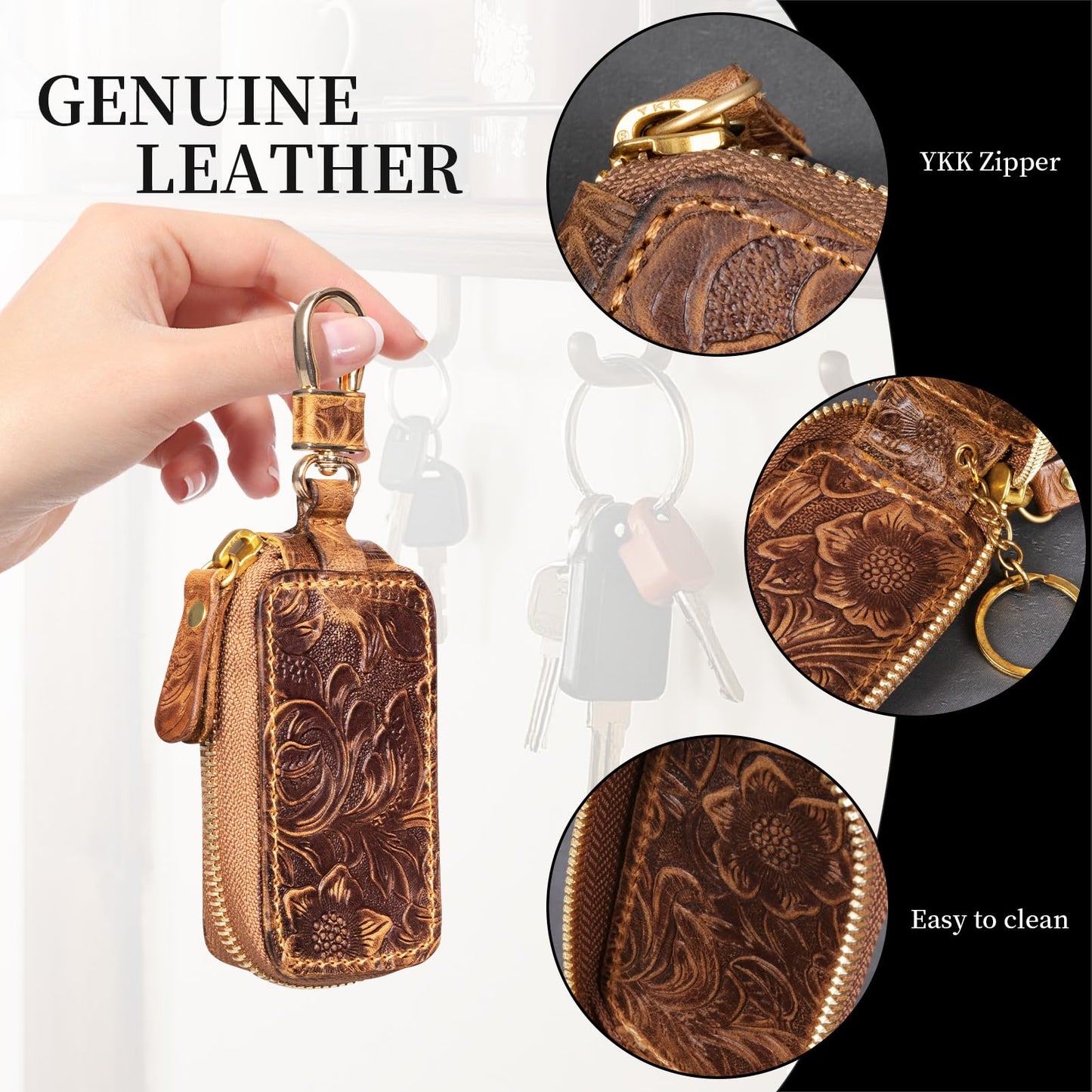 Gexmil Genuine Leather Zipper Car Key Case, Full Grain Leather, Pure Brass Hardware, Hand-Made Universal Car Key Holder, Mini Coin Bag for Women Men,Floral Brown