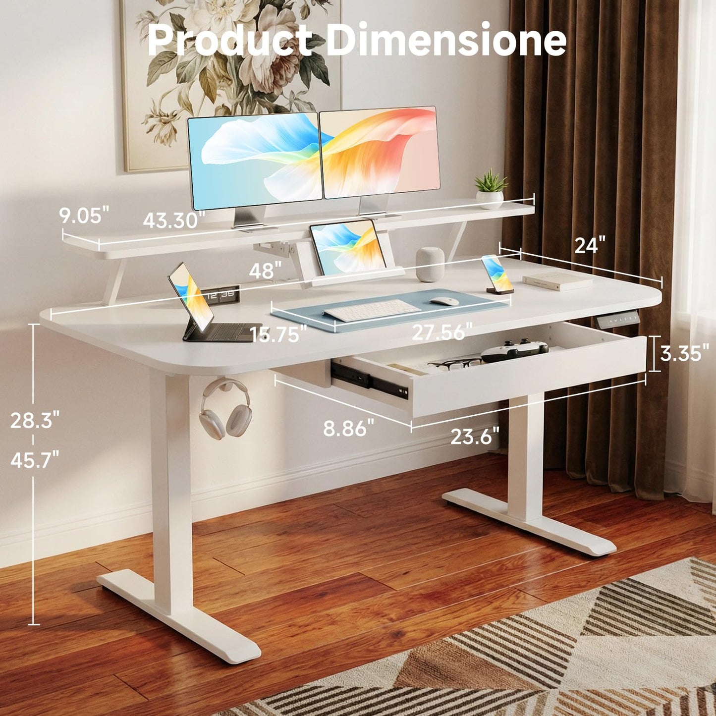 GTPLAYER Electric Standing Desk with Drawers, 48 x 24 Inches Height Adjustable Computer Desk with Monitor Stand, Laptop Stand, Home Office Sit Stand Up Desk with Memory Preset, White