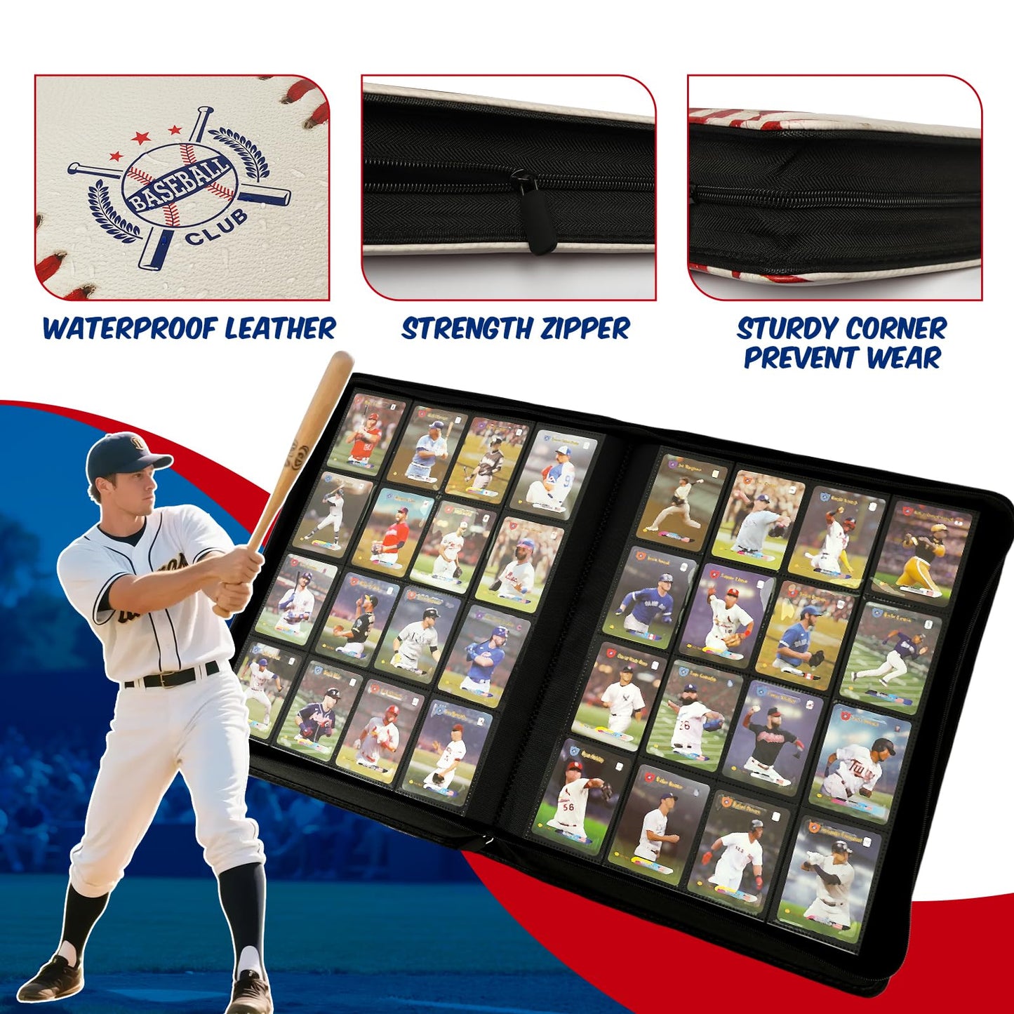 Baseball Card Binder 16 Pocket, Premium 1000+ Cards PU Cover Trading Sports Card Binder Side Loading Card Holder Collection Album Folders