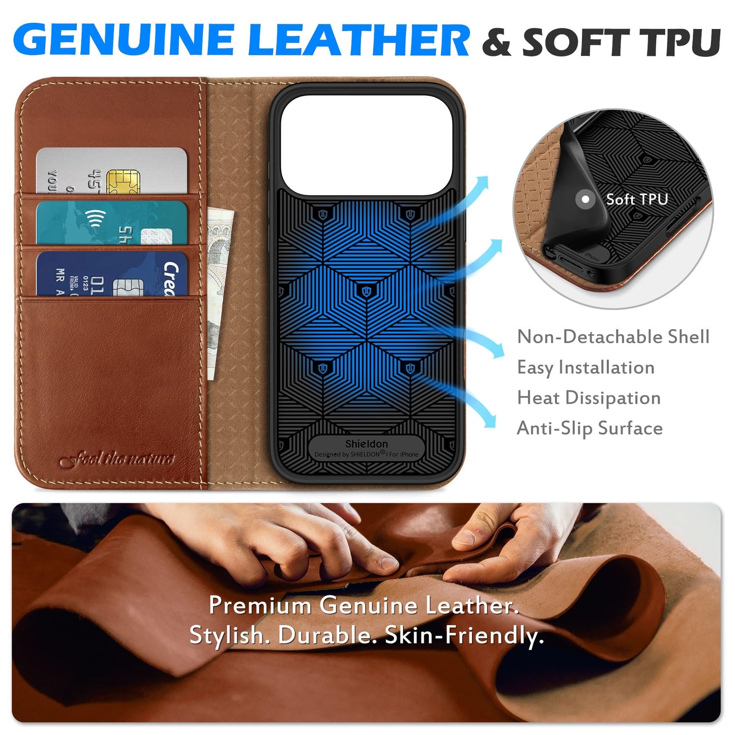 SHIELDON Genuine Leather Wallet Case for iPhone 17 Pro Max 6.9-inch 2025 | Flip | Magnetic Cover | RFID Blocking Credit Card Holder | Kickstand | Shock-Absorbent Case | Retro Brown
