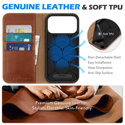 SHIELDON Genuine Leather Wallet Case for iPhone 17 Pro Max 6.9-inch 2025 | Flip | Magnetic Cover | RFID Blocking Credit Card Holder | Kickstand | Shock-Absorbent Case | Retro Brown