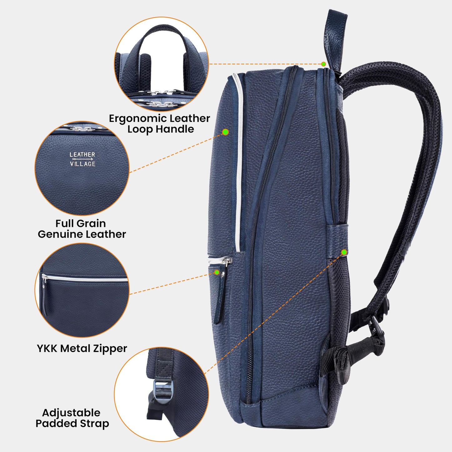 LEATHER VILLAGE Leather Laptop Backpack for Men | Blue | Slim Professional Business Bag Fits 15.6”-Laptop | Water-Repellent Work & Travel Daypack with Trolley Strap